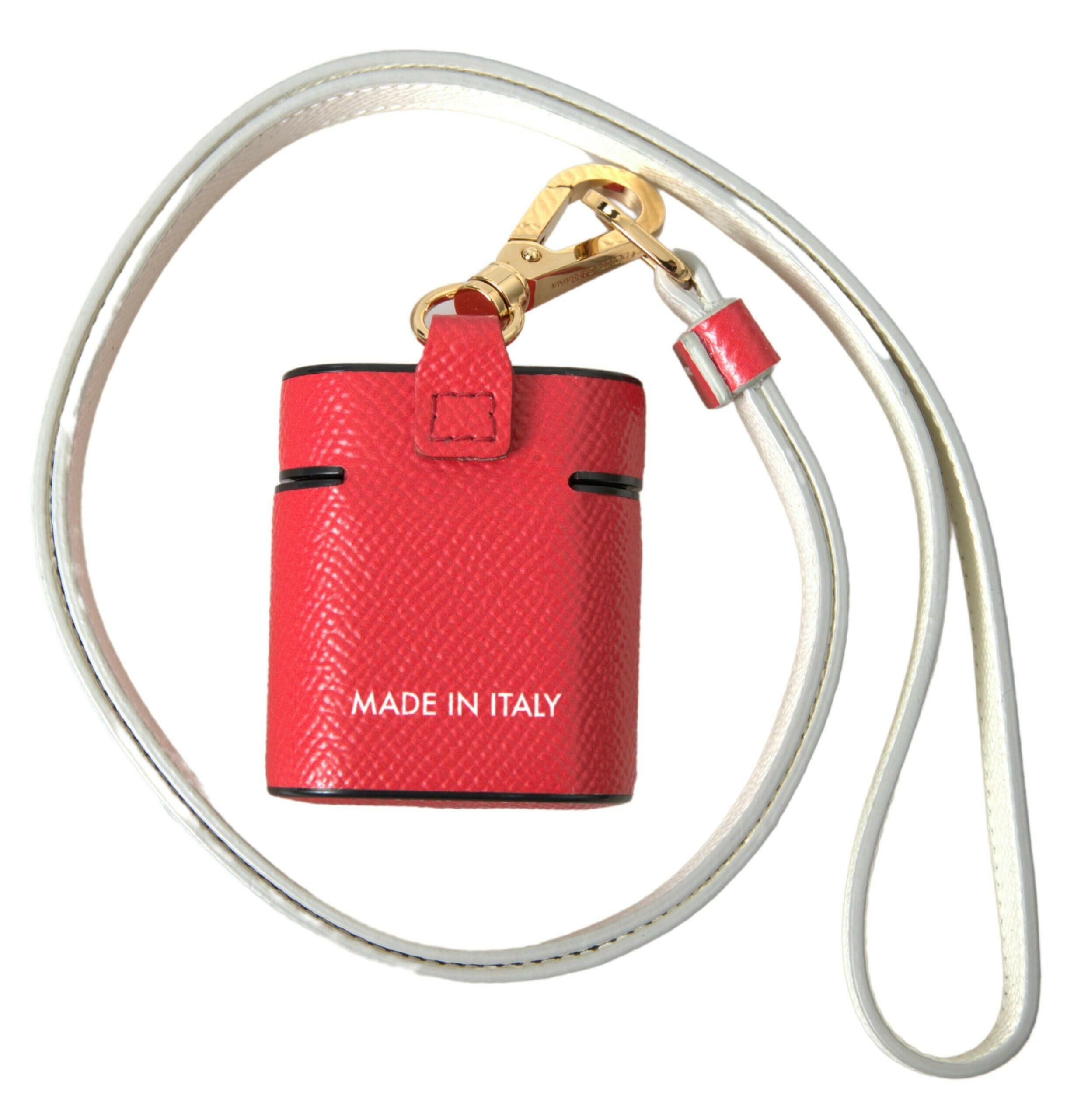 Dolce & Gabbana Red Leather Gold Tone Metal Logo Print Strap Airpods Case.