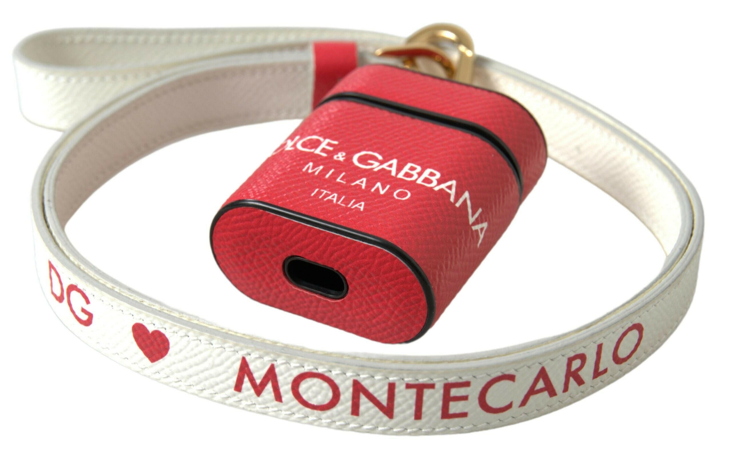 Dolce & Gabbana Red Leather Gold Tone Metal Logo Print Strap Airpods Case.