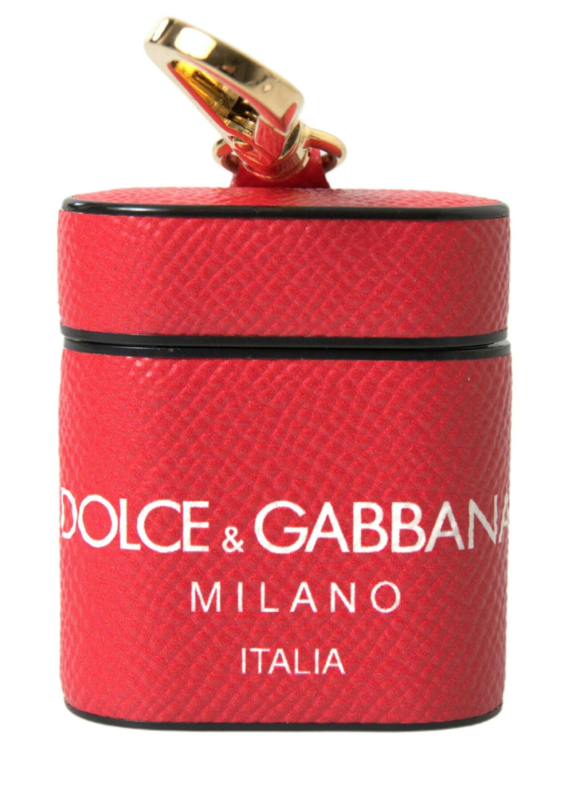 Dolce & Gabbana Red Leather Gold Tone Metal Logo Print Strap Airpods Case.
