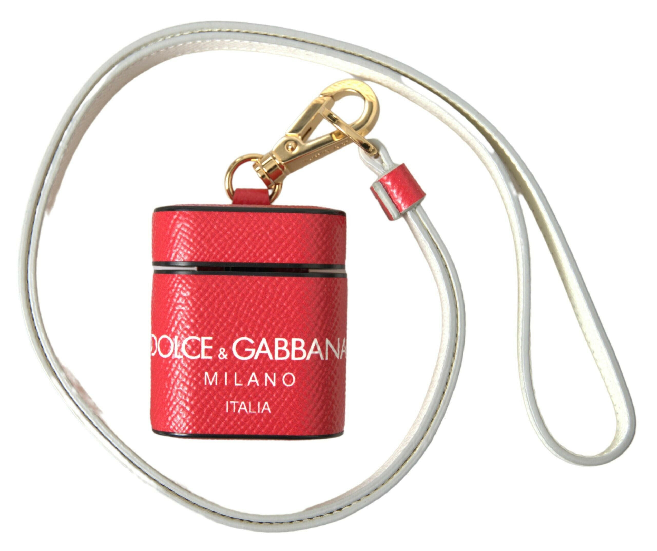 Dolce & Gabbana Red Leather Gold Tone Metal Logo Print Strap Airpods Case.