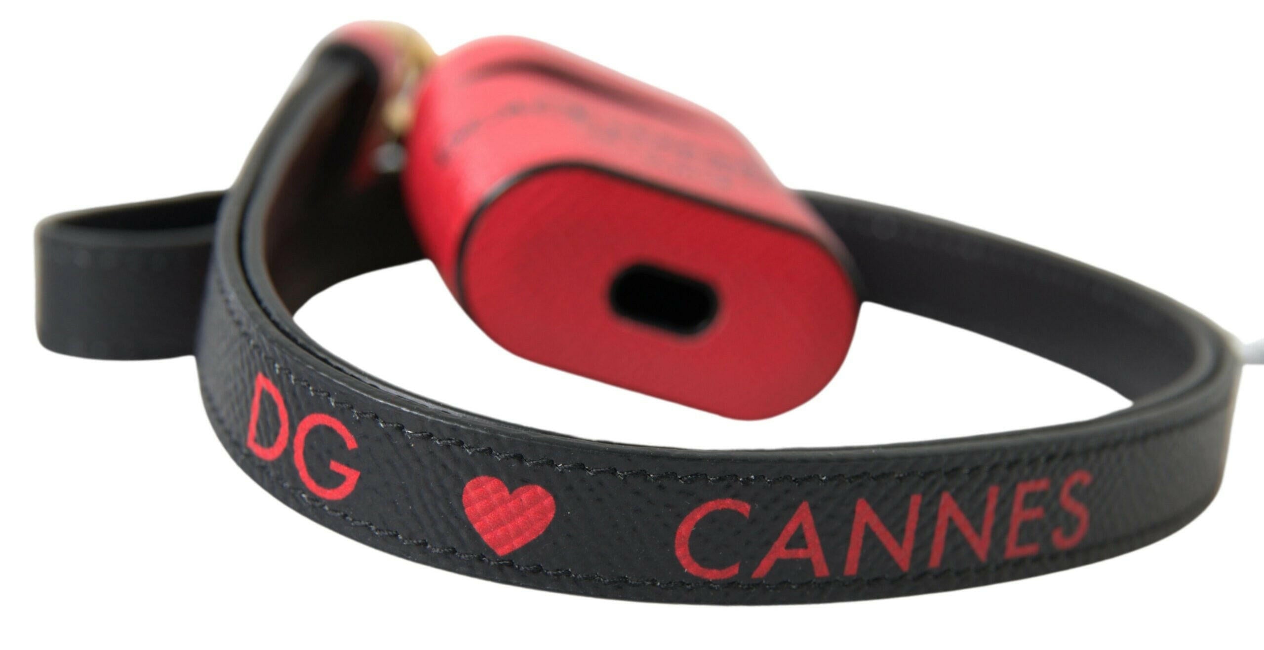 Dolce & Gabbana Red Black Calf Leather Logo Print Strap Airpods Case.