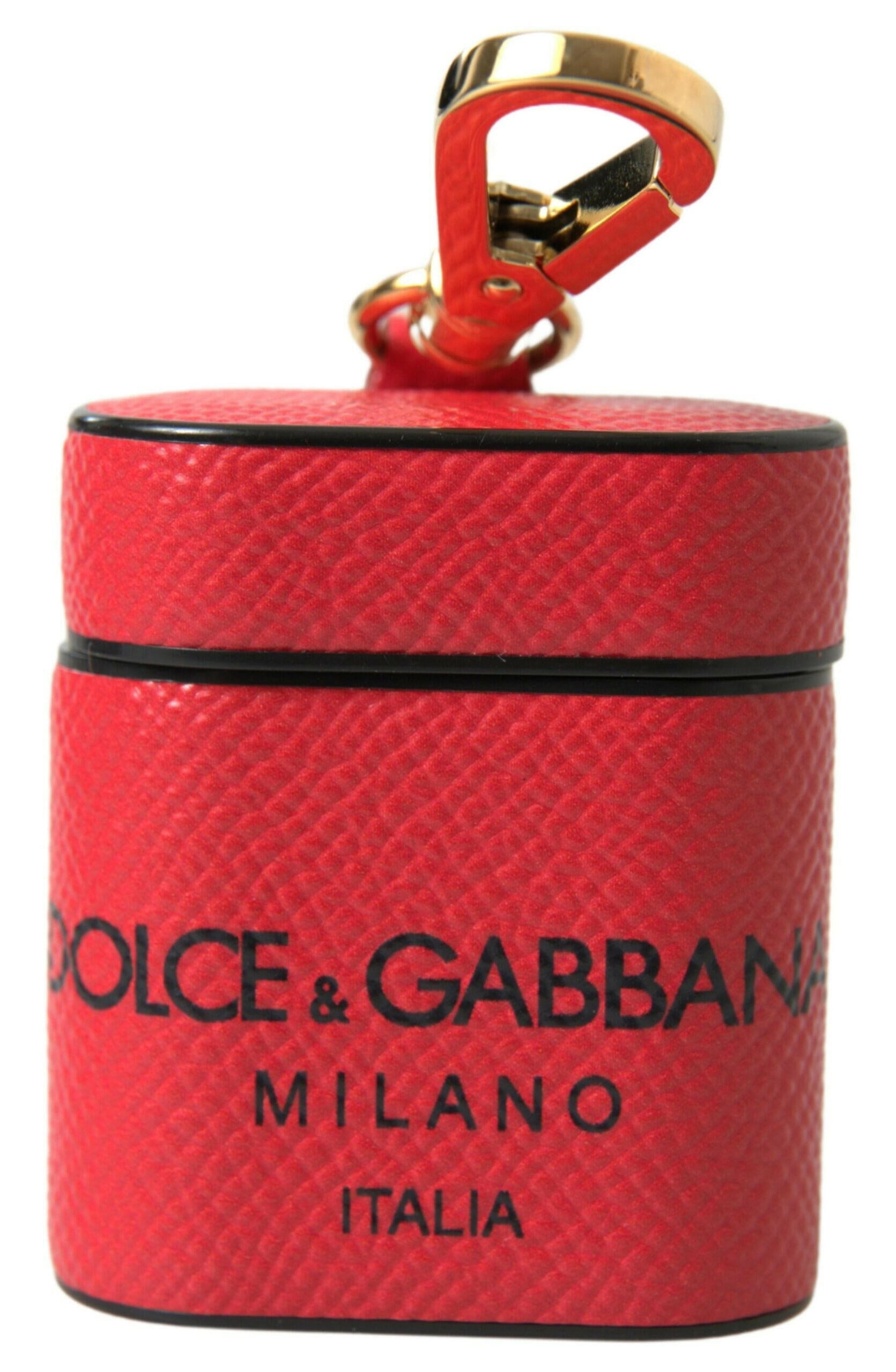 Dolce & Gabbana Red Black Calf Leather Logo Print Strap Airpods Case.