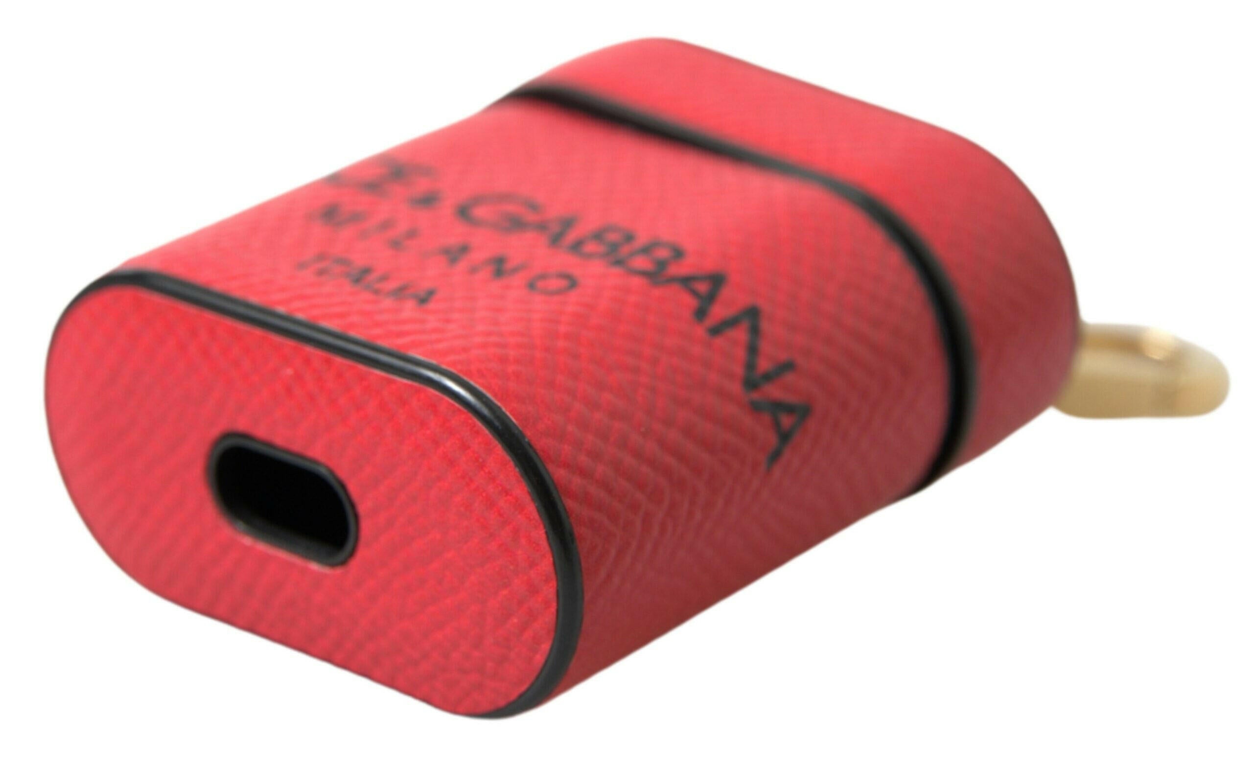 Dolce & Gabbana Red Black Calf Leather Logo Print Strap Airpods Case.