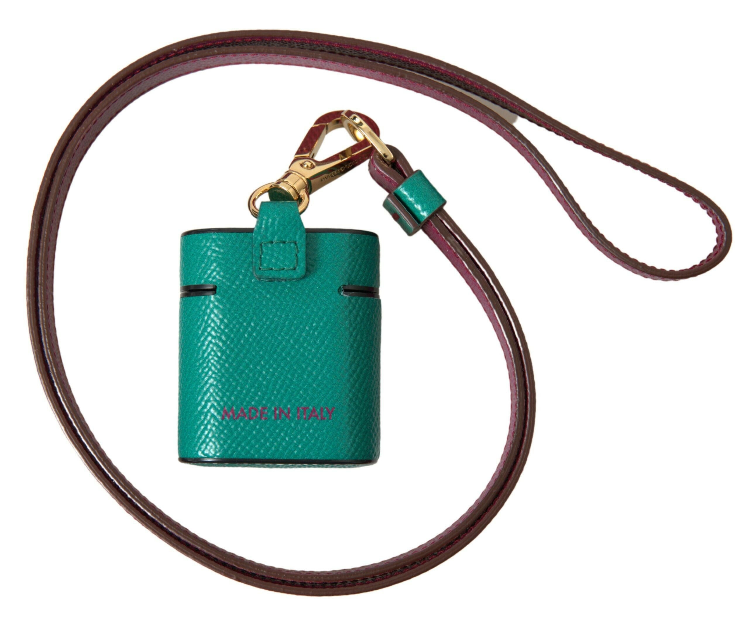 Dolce & Gabbana Green Maroon Calf Leather Logo Print Strap Airpods Case.
