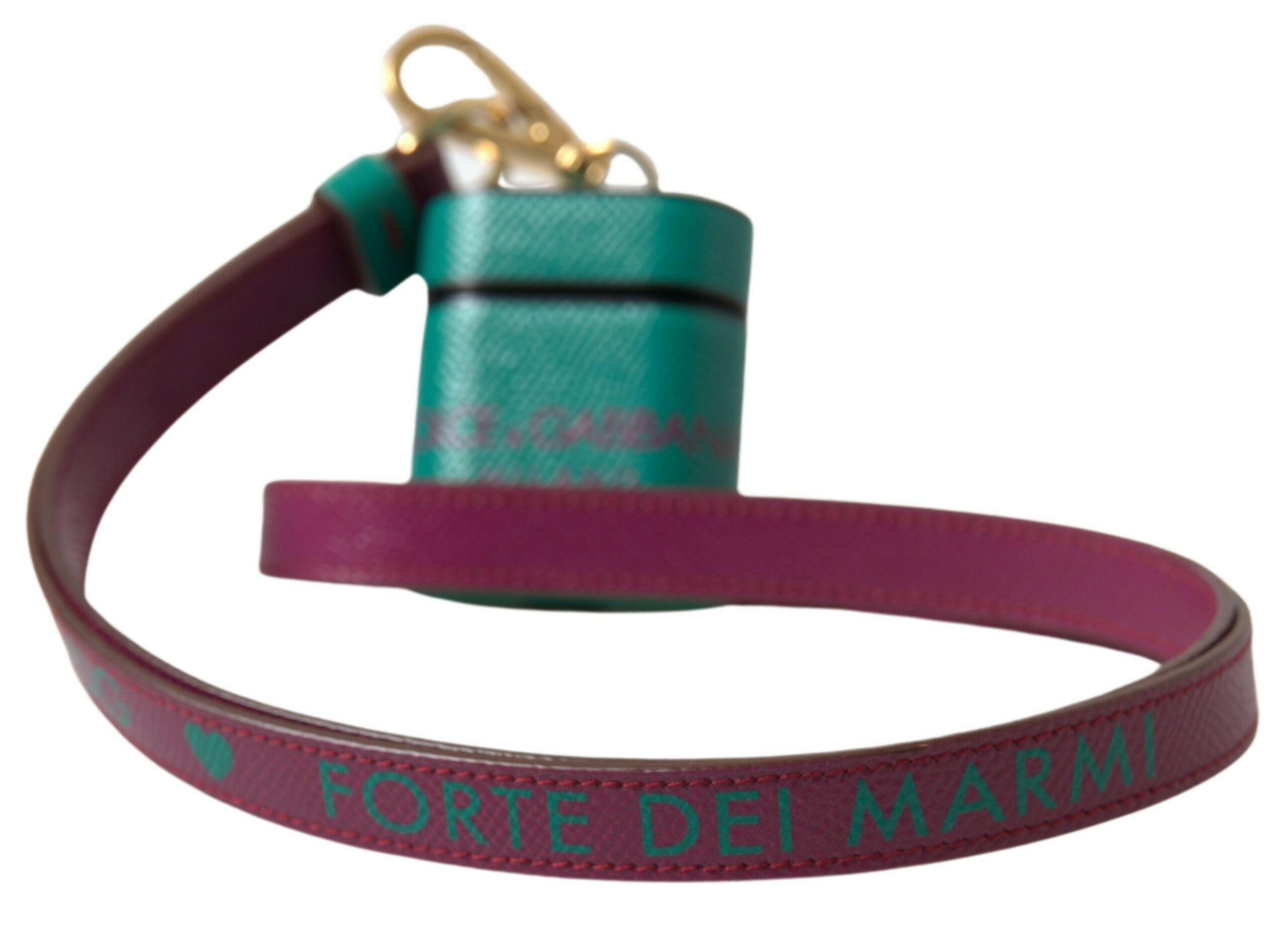 Dolce & Gabbana Green Maroon Calf Leather Logo Print Strap Airpods Case.