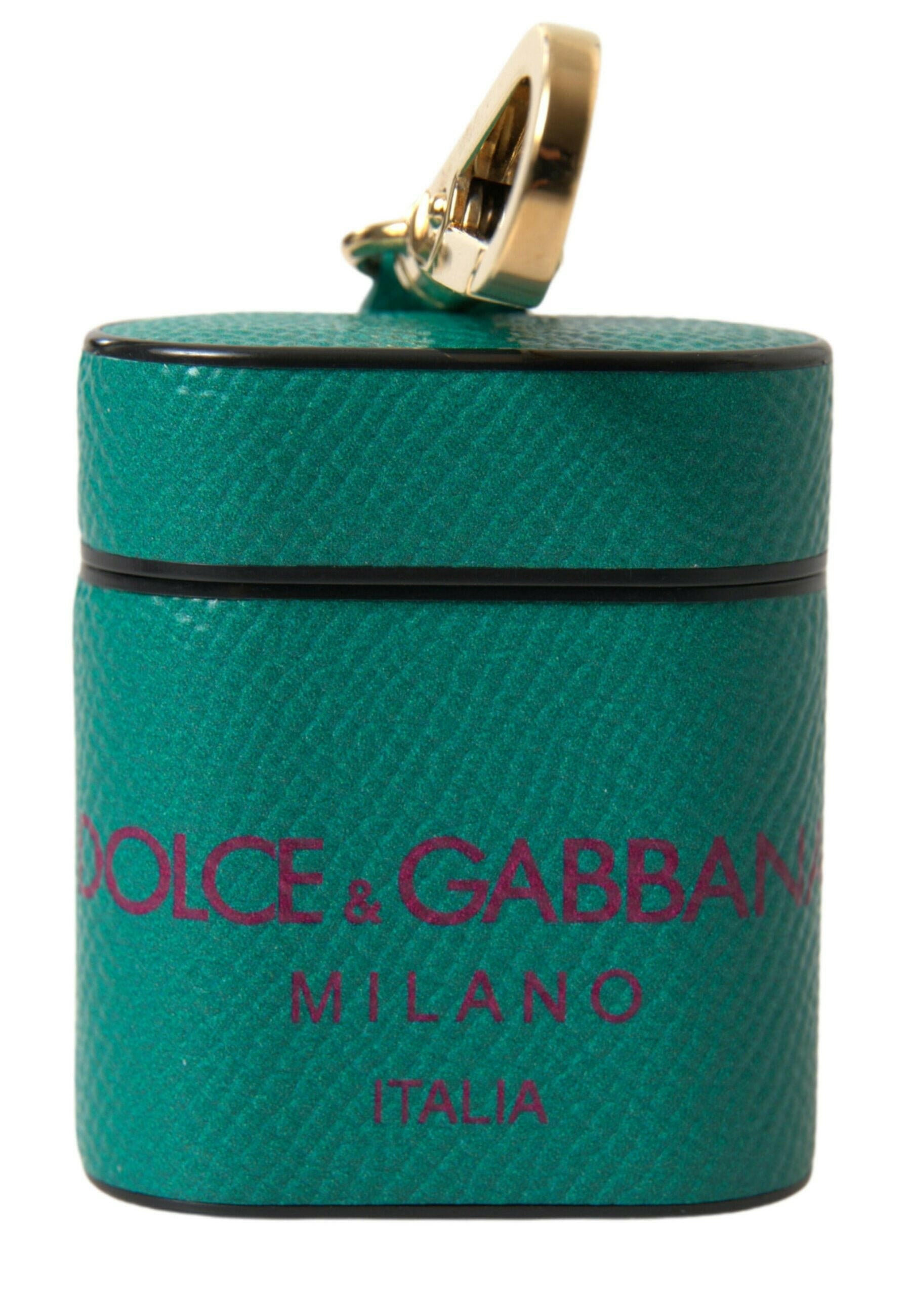 Dolce & Gabbana Green Maroon Calf Leather Logo Print Strap Airpods Case.
