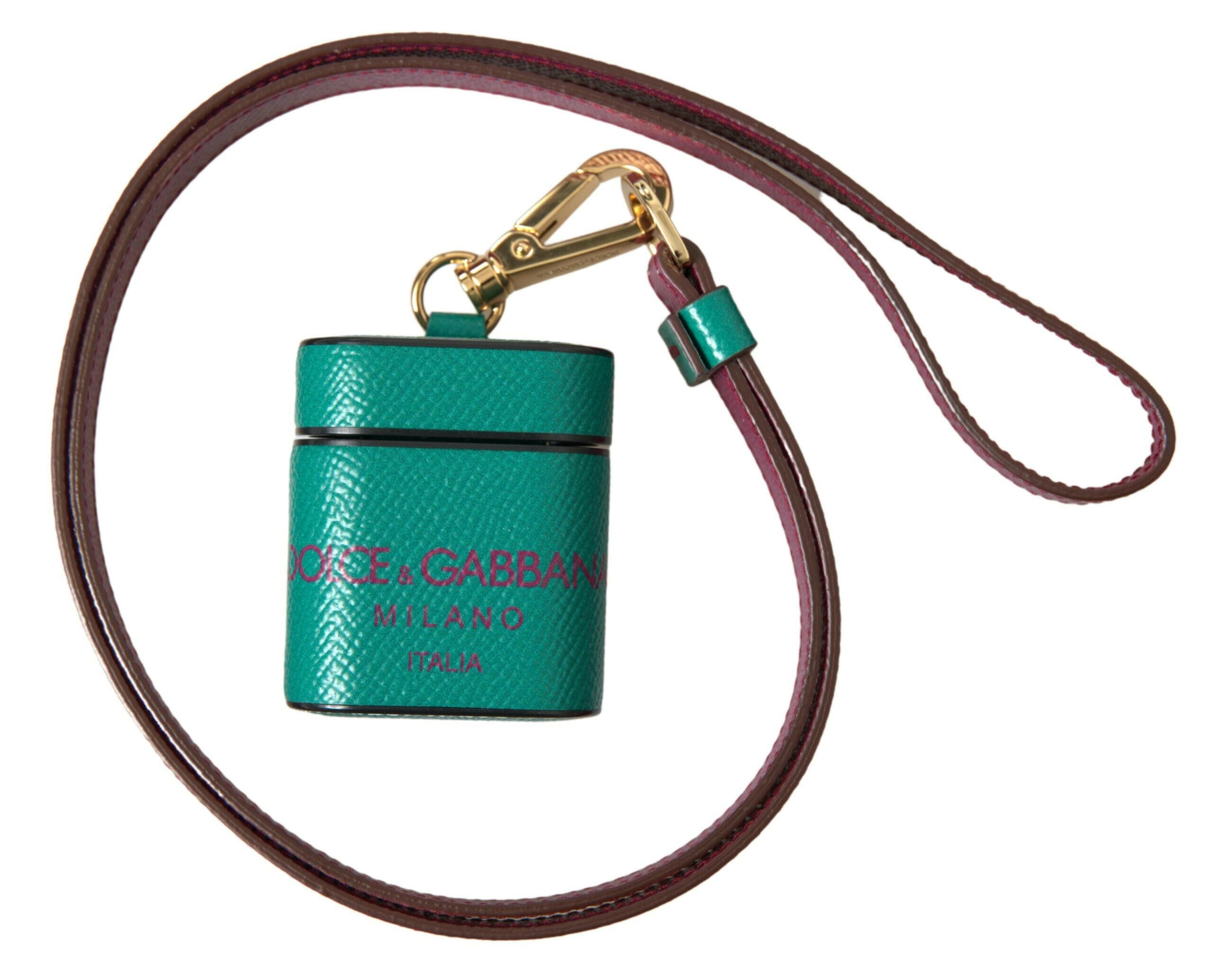 Dolce & Gabbana Green Maroon Calf Leather Logo Print Strap Airpods Case.