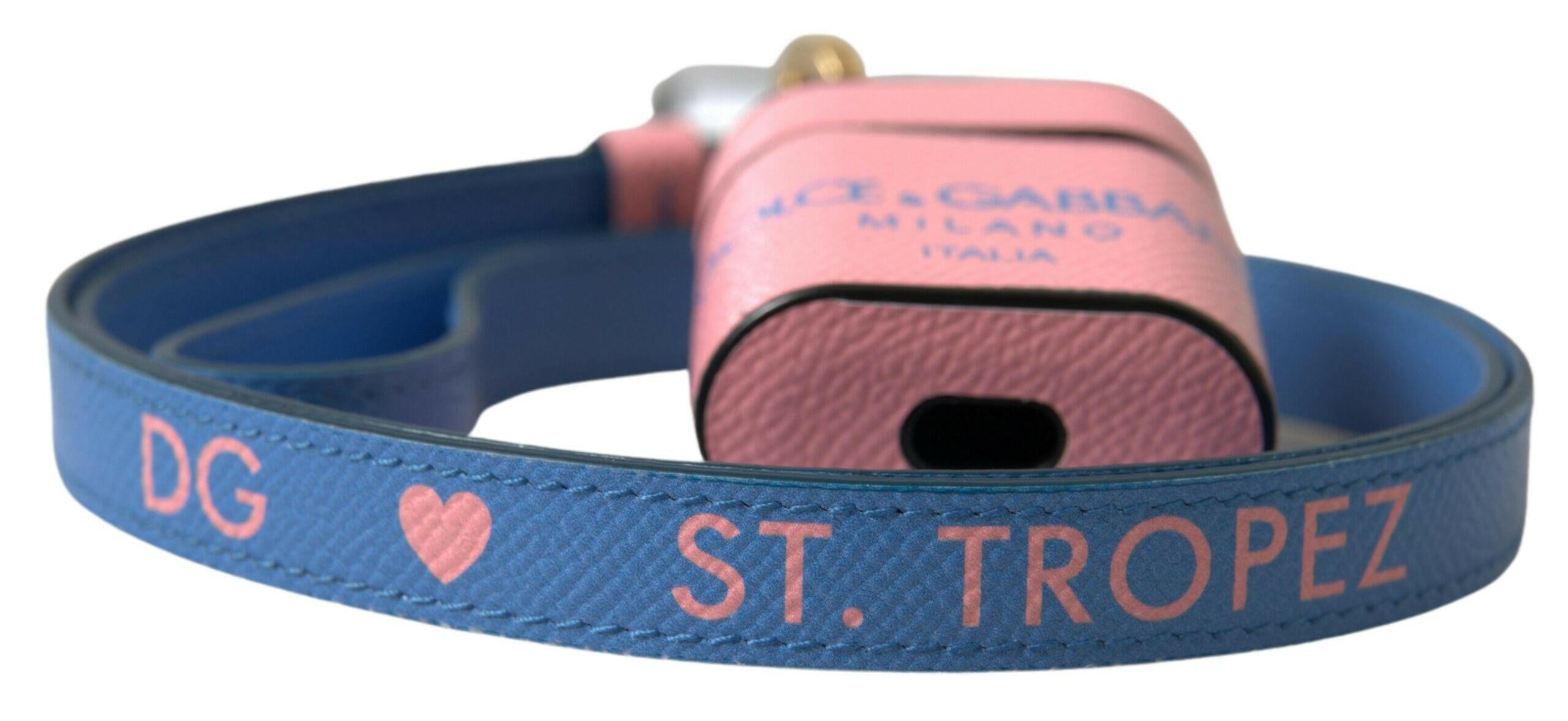 Dolce & Gabbana Pink Blue Calf Leather Logo Print Strap Airpods Case.