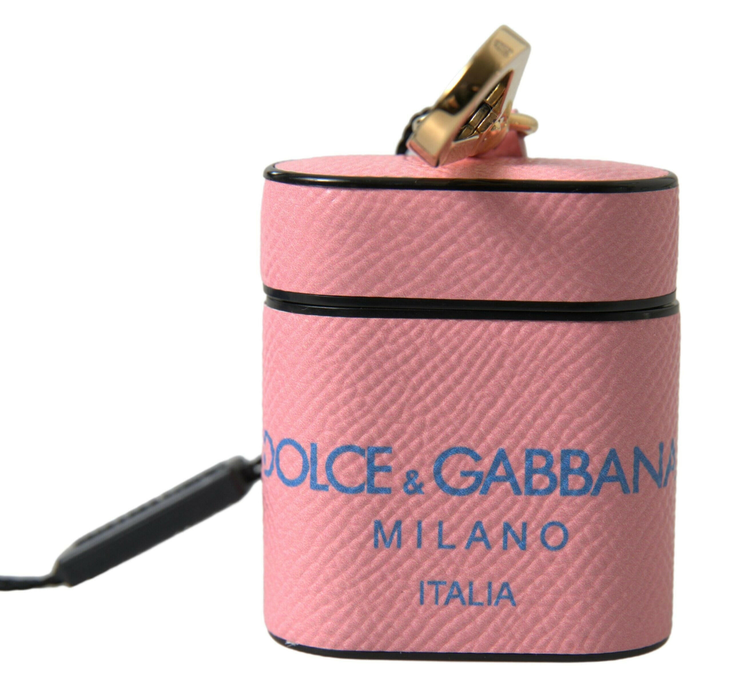 Dolce & Gabbana Pink Blue Calf Leather Logo Print Strap Airpods Case.
