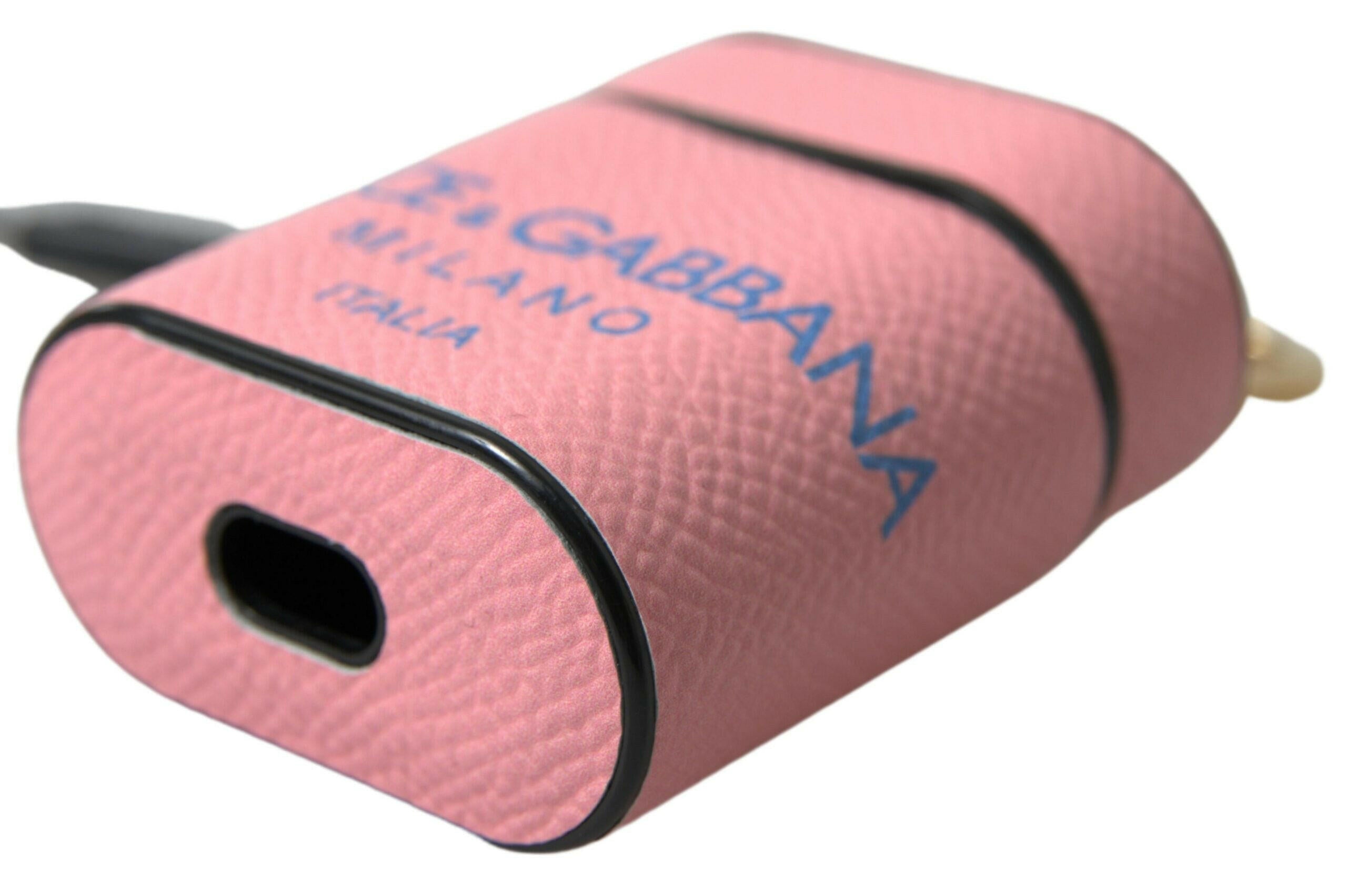 Dolce & Gabbana Pink Blue Calf Leather Logo Print Strap Airpods Case.