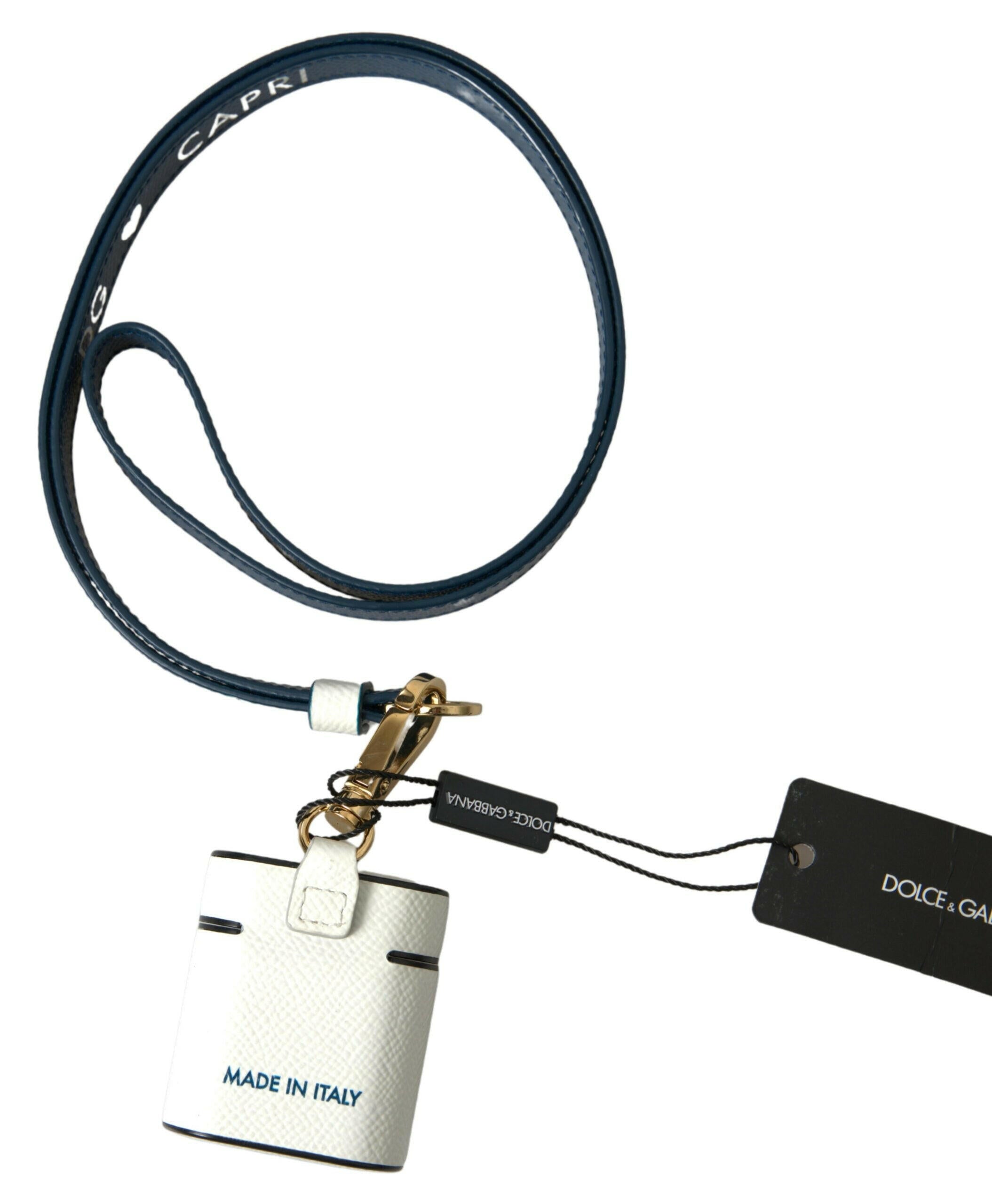 Dolce & Gabbana White Blue Calf Leather Logo Print Strap Airpods Case.