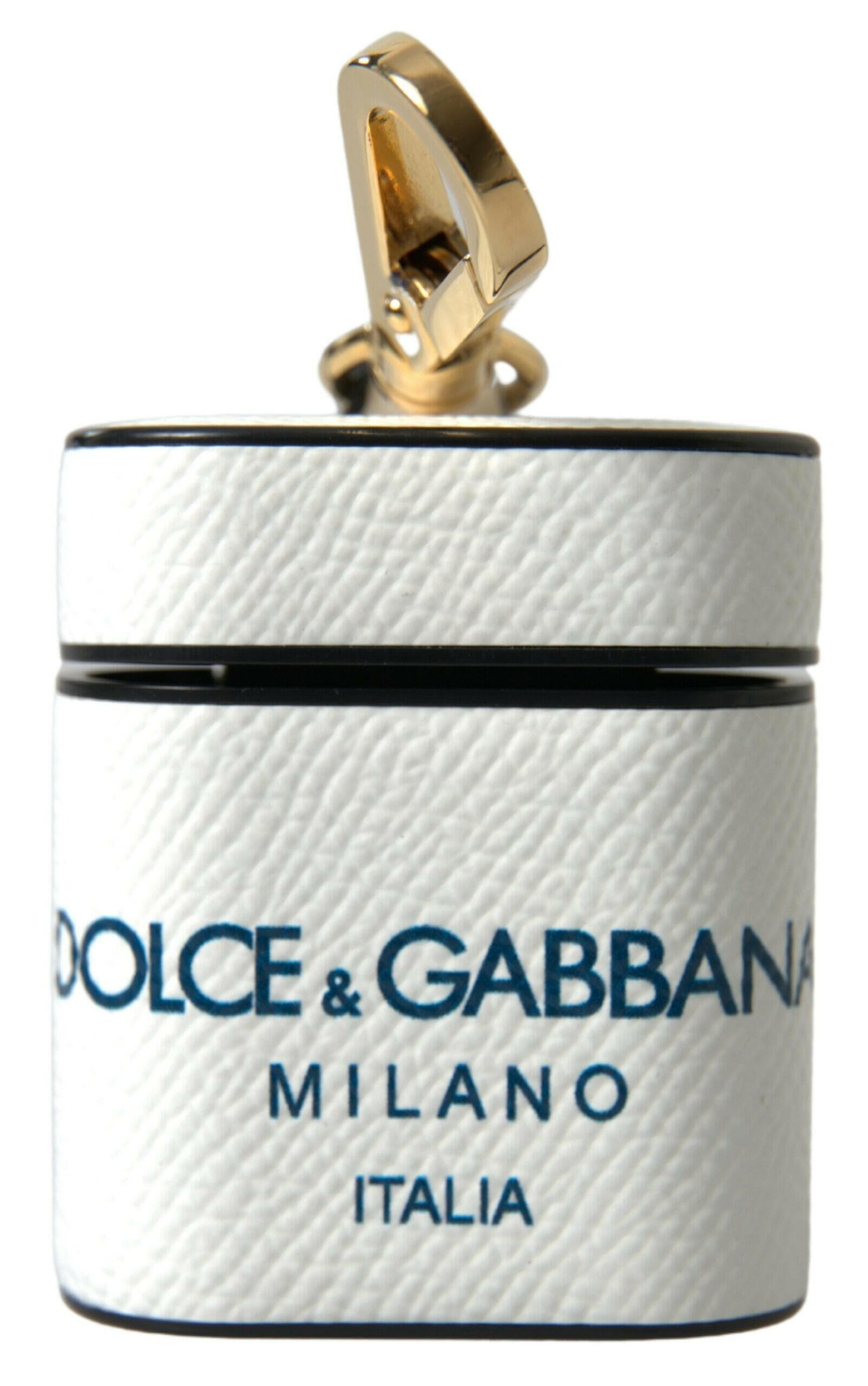 Dolce & Gabbana White Blue Calf Leather Logo Print Strap Airpods Case.