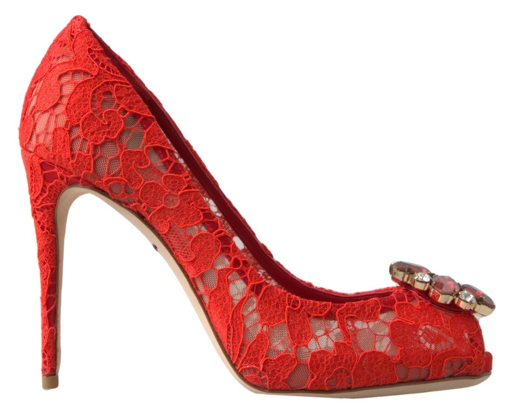 Dolce & Gabbana Red Taormina Lace Crystal Heels Pumps Shoes.