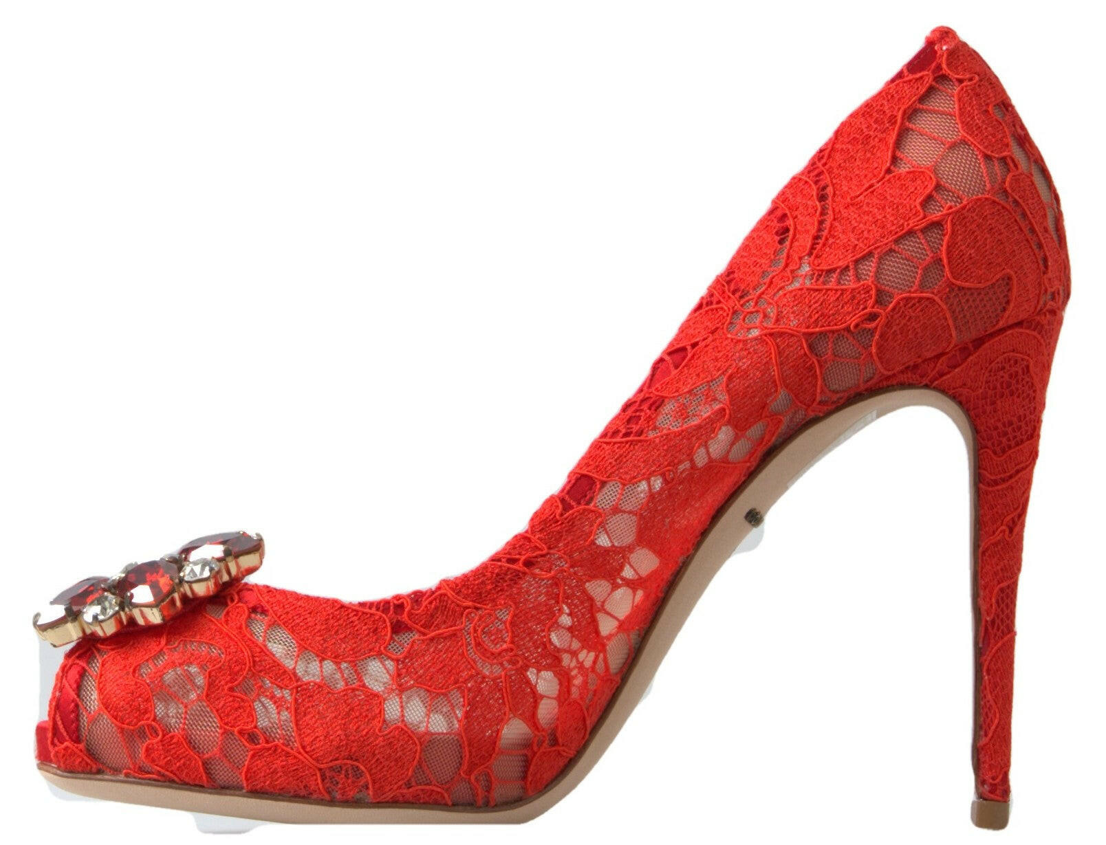 Dolce & Gabbana Red Taormina Lace Crystal Heels Pumps Shoes.