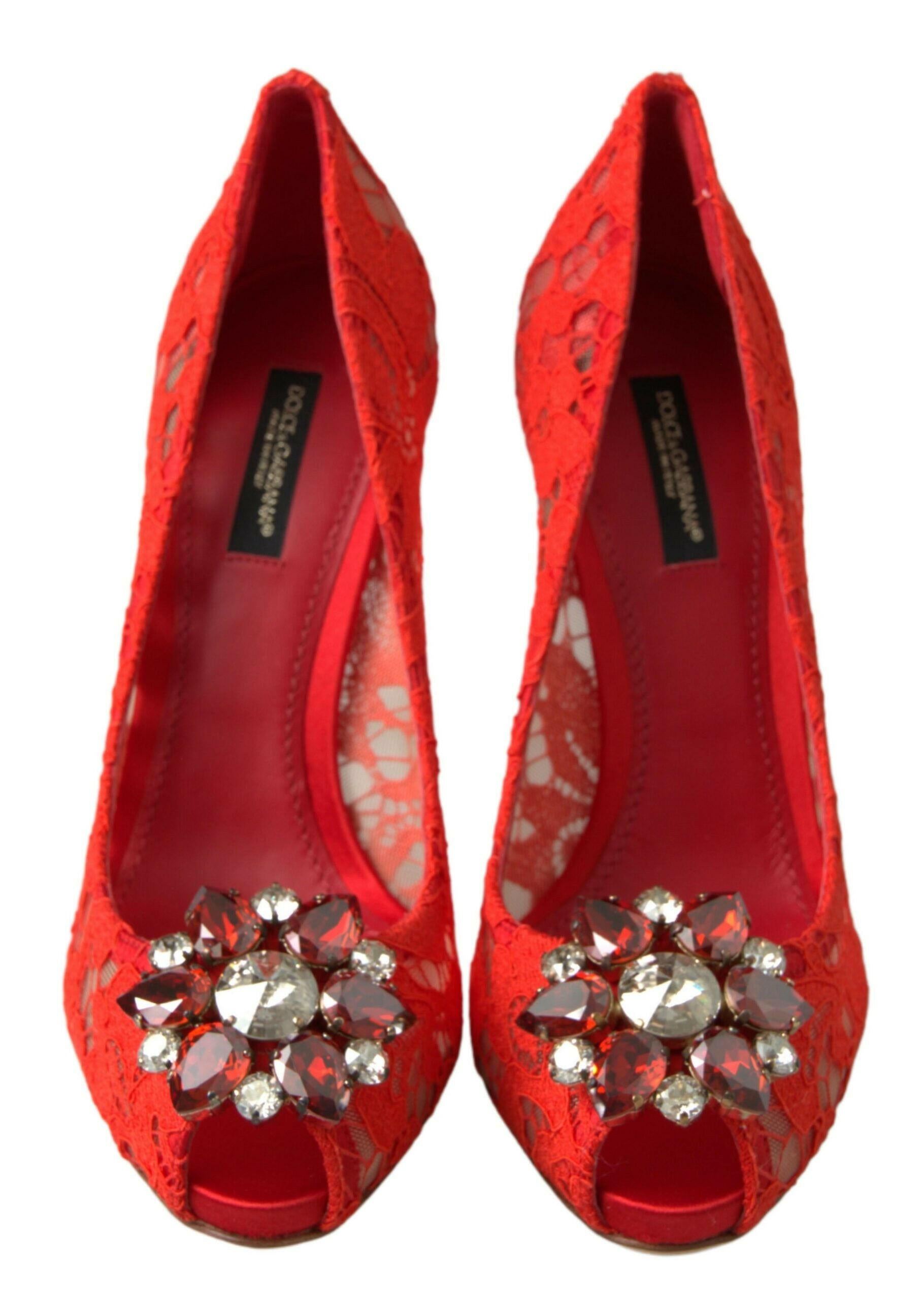 Dolce & Gabbana Red Taormina Lace Crystal Heels Pumps Shoes.