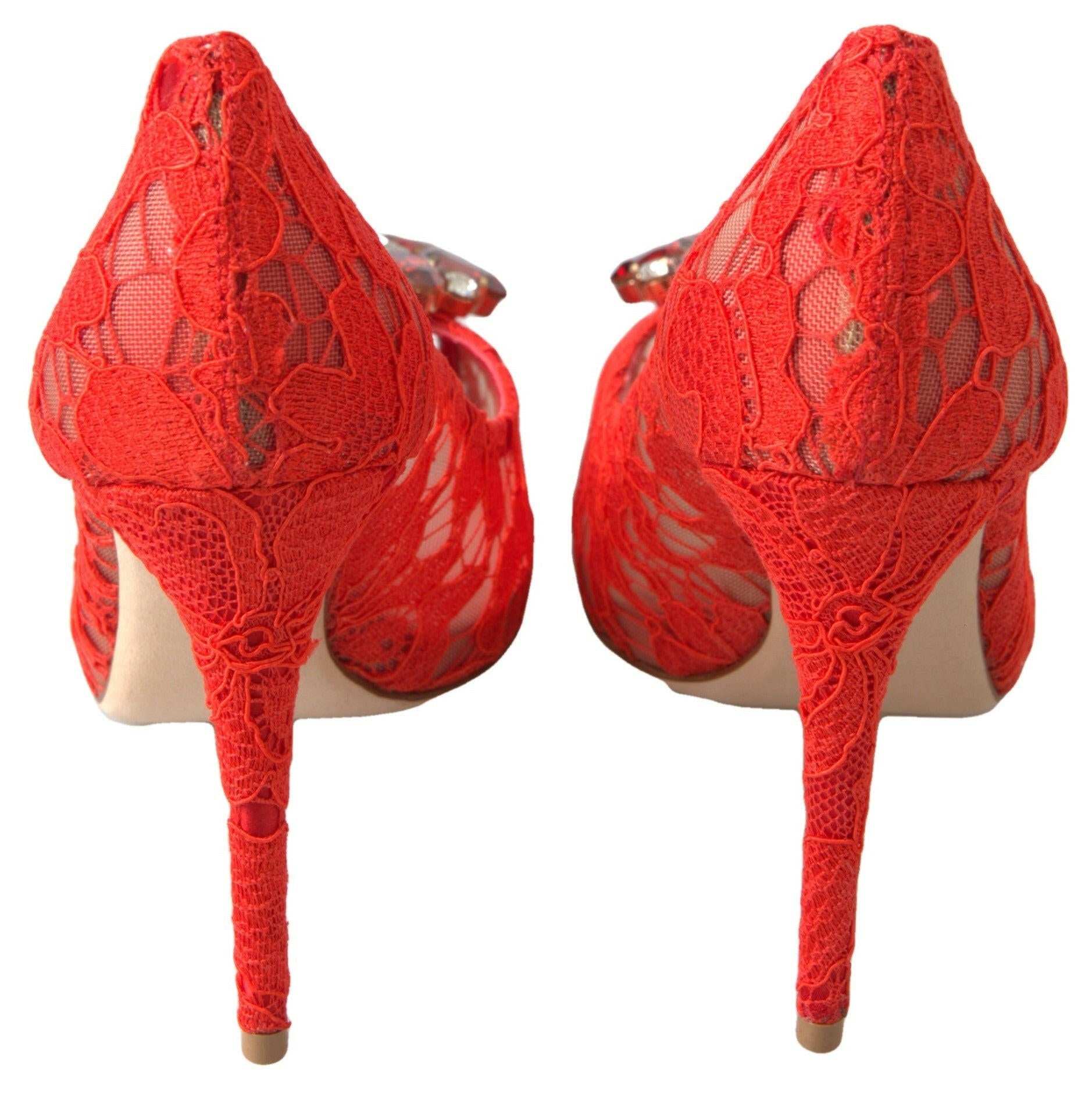 Dolce & Gabbana Red Taormina Lace Crystal Heels Pumps Shoes.