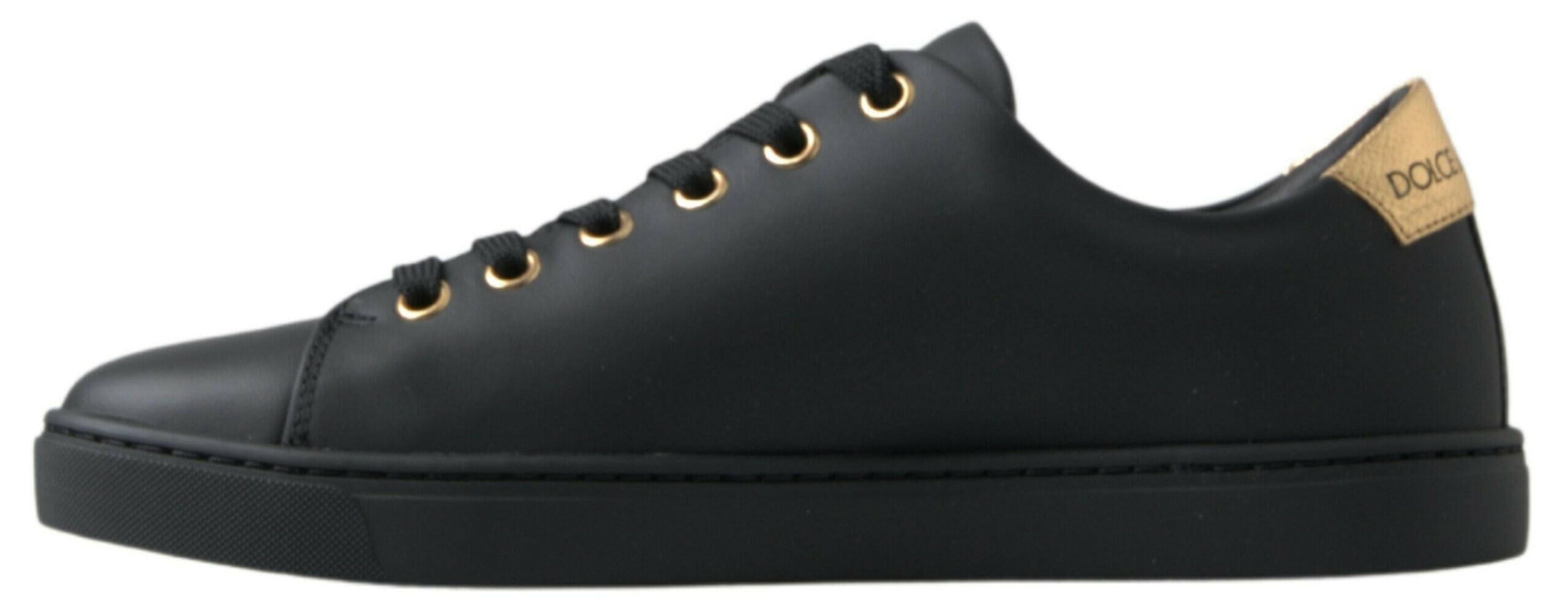Dolce & Gabbana Black Gold Leather Classic Sneakers Shoes.