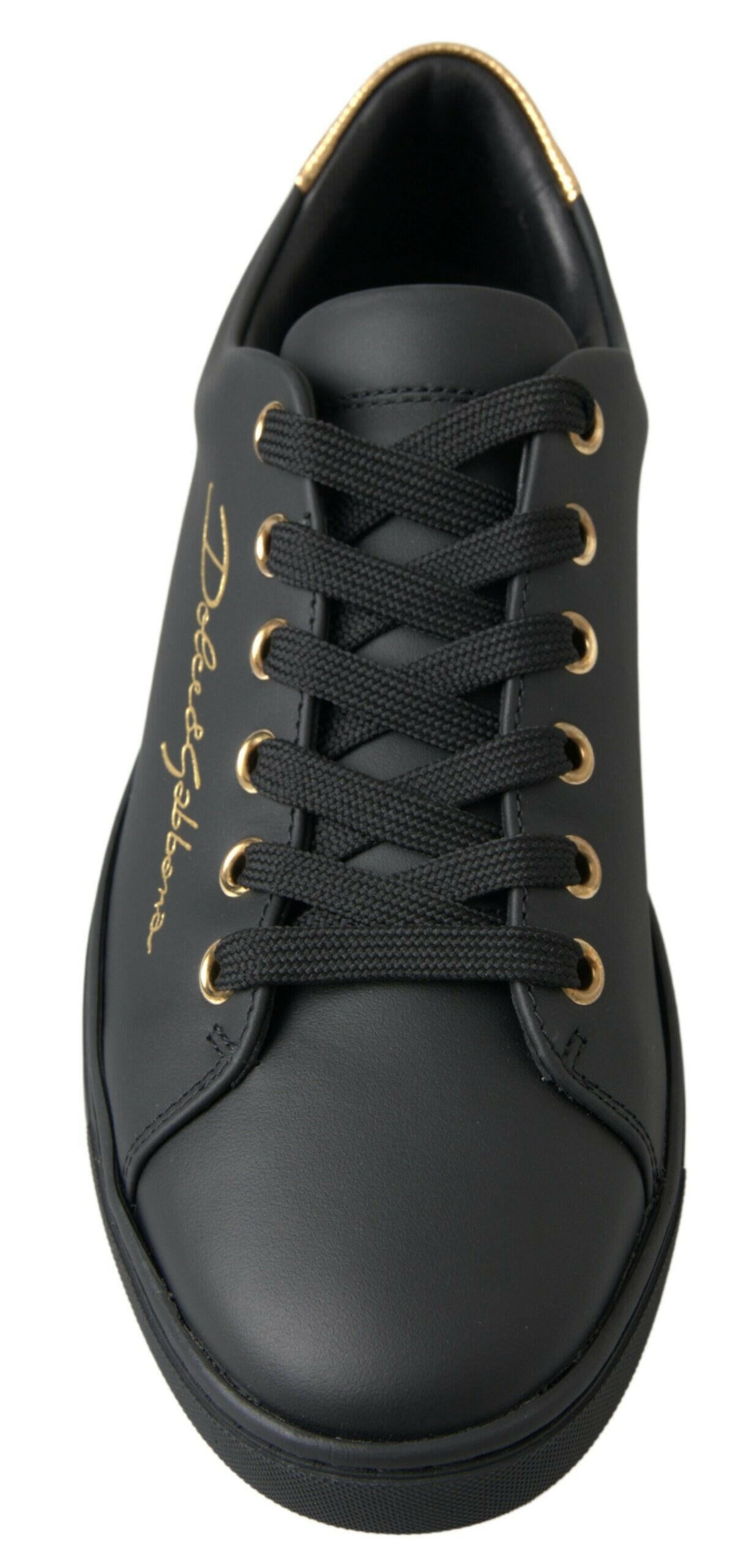Dolce & Gabbana Black Gold Leather Classic Sneakers Shoes.