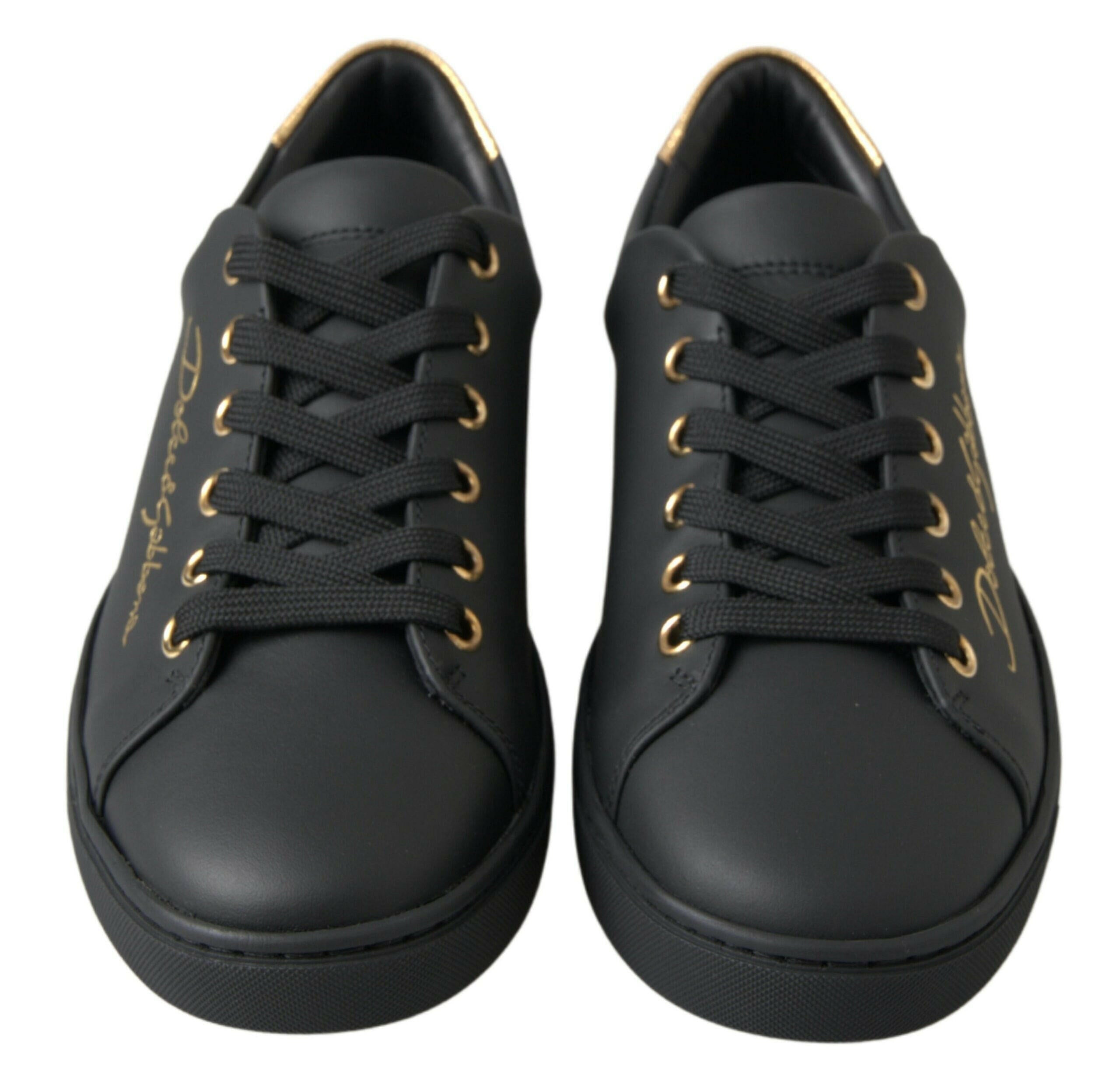 Dolce & Gabbana Black Gold Leather Classic Sneakers Shoes.