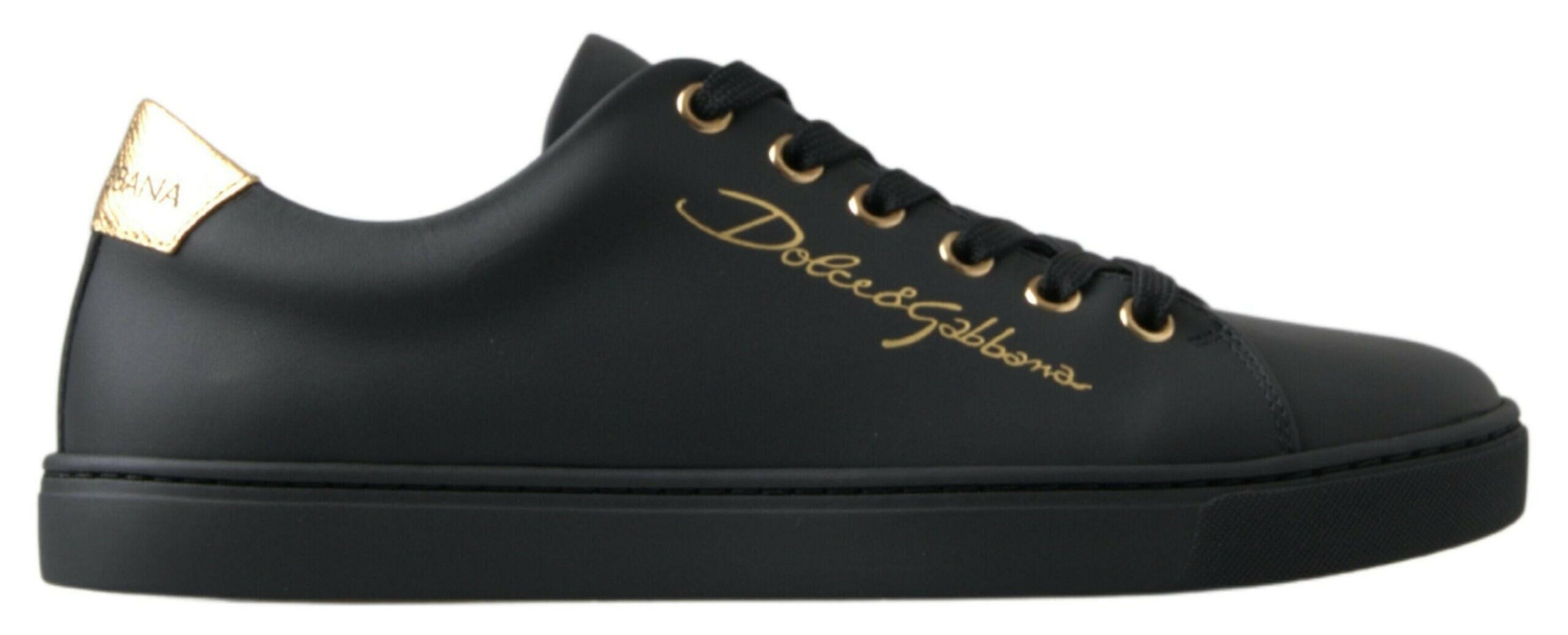Dolce & Gabbana Black Gold Leather Classic Sneakers Shoes.