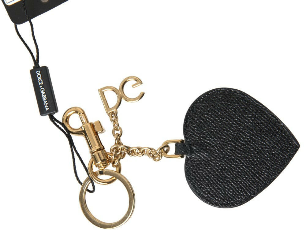 Dolce & Gabbana Black Fuchsia Heart Leather Gold Metal Keyring Keychain.