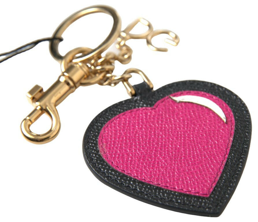 Dolce & Gabbana Black Fuchsia Heart Leather Gold Metal Keyring Keychain.