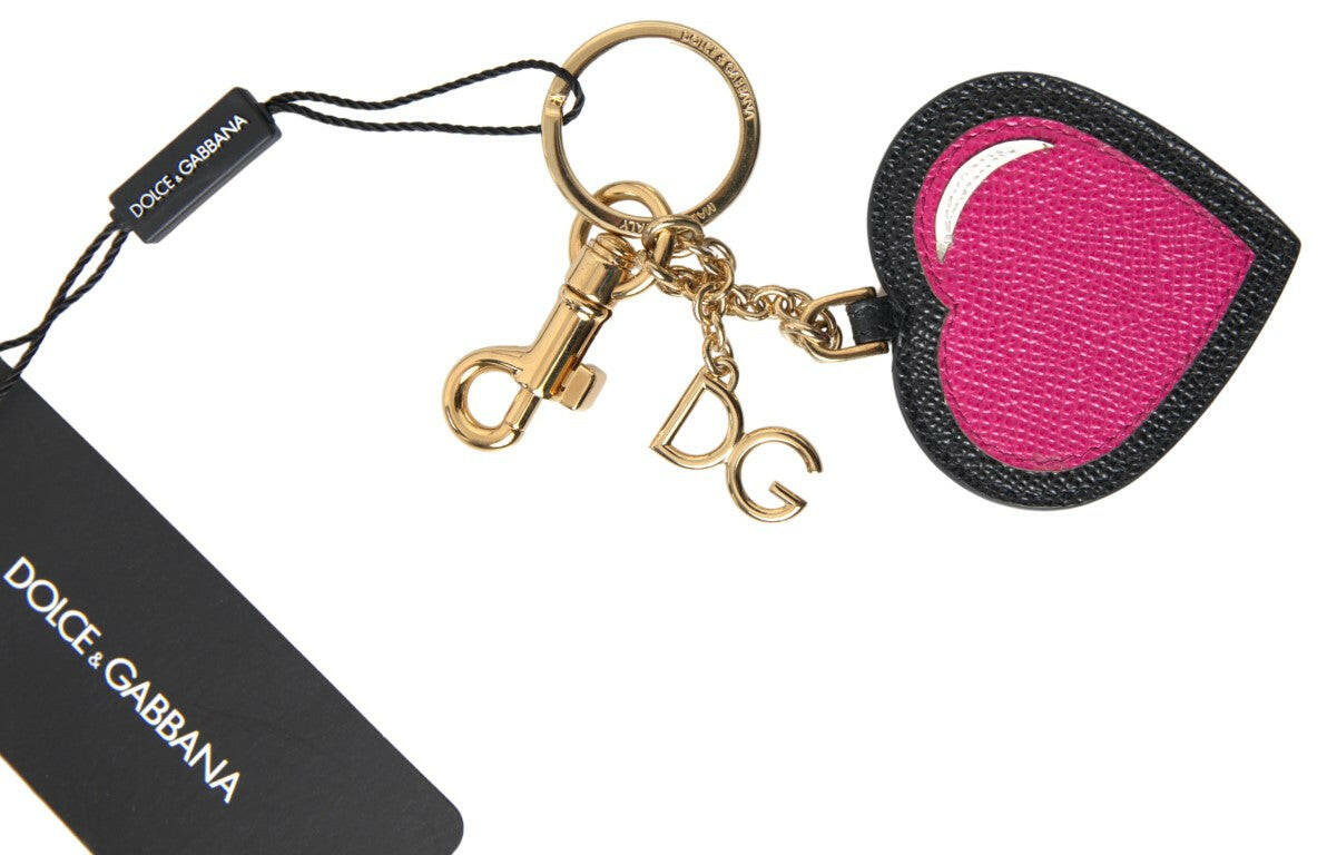 Dolce & Gabbana Black Fuchsia Heart Leather Gold Metal Keyring Keychain.
