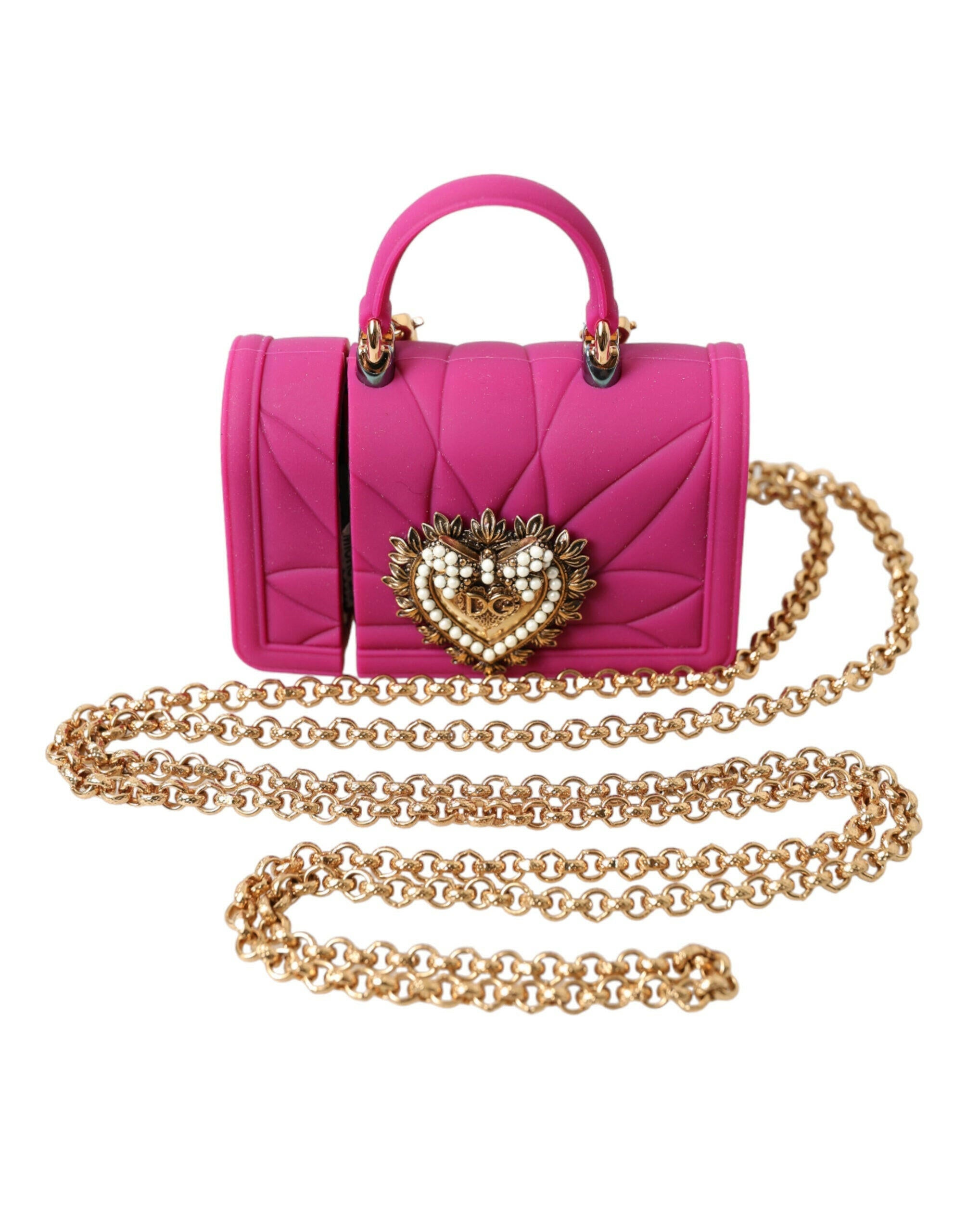 Dolce & Gabbana Pink Silicone Devotion Heart Bag Gold Chain Airpods Case.