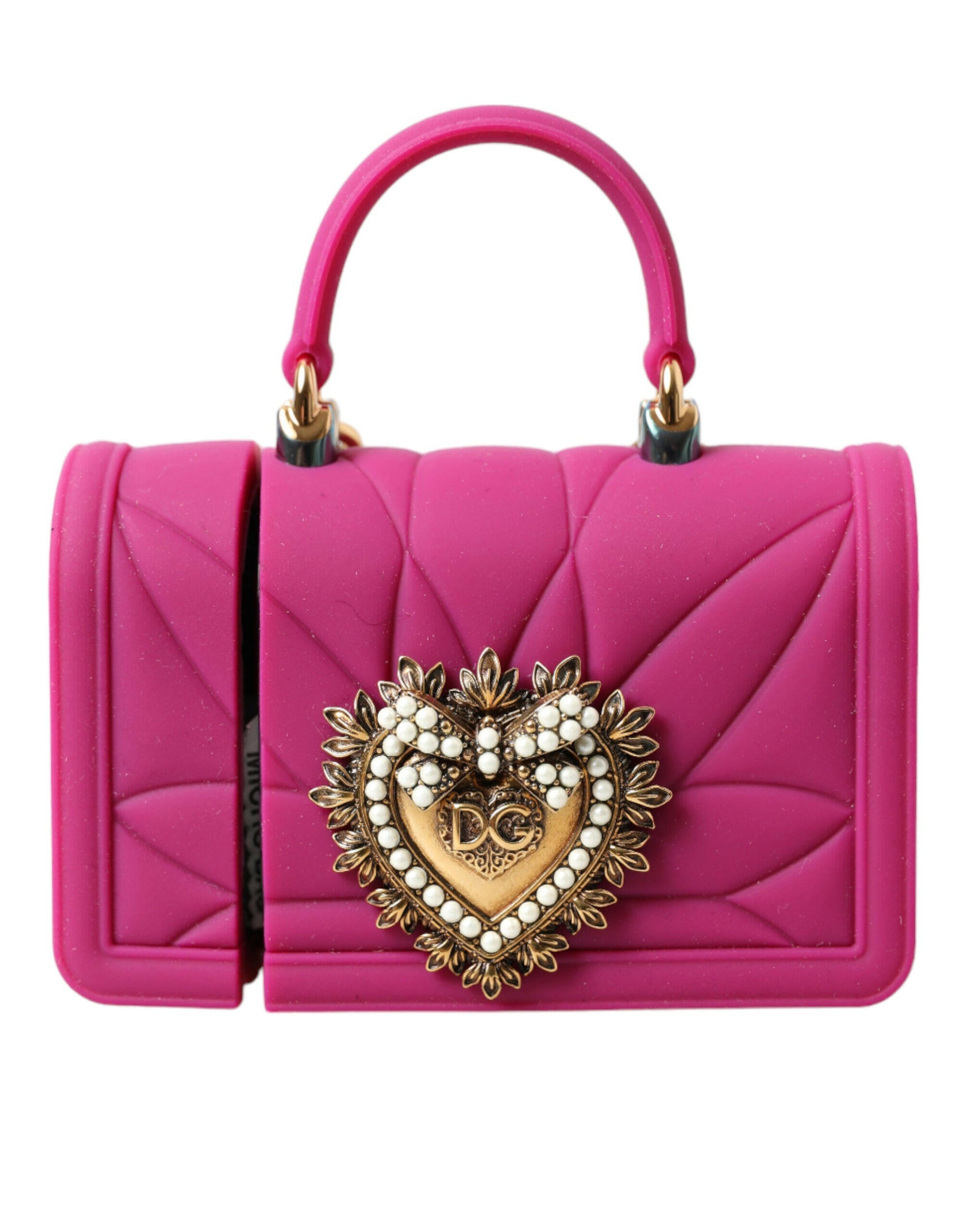 Dolce & Gabbana Pink Silicone Devotion Heart Bag Gold Chain Airpods Case.