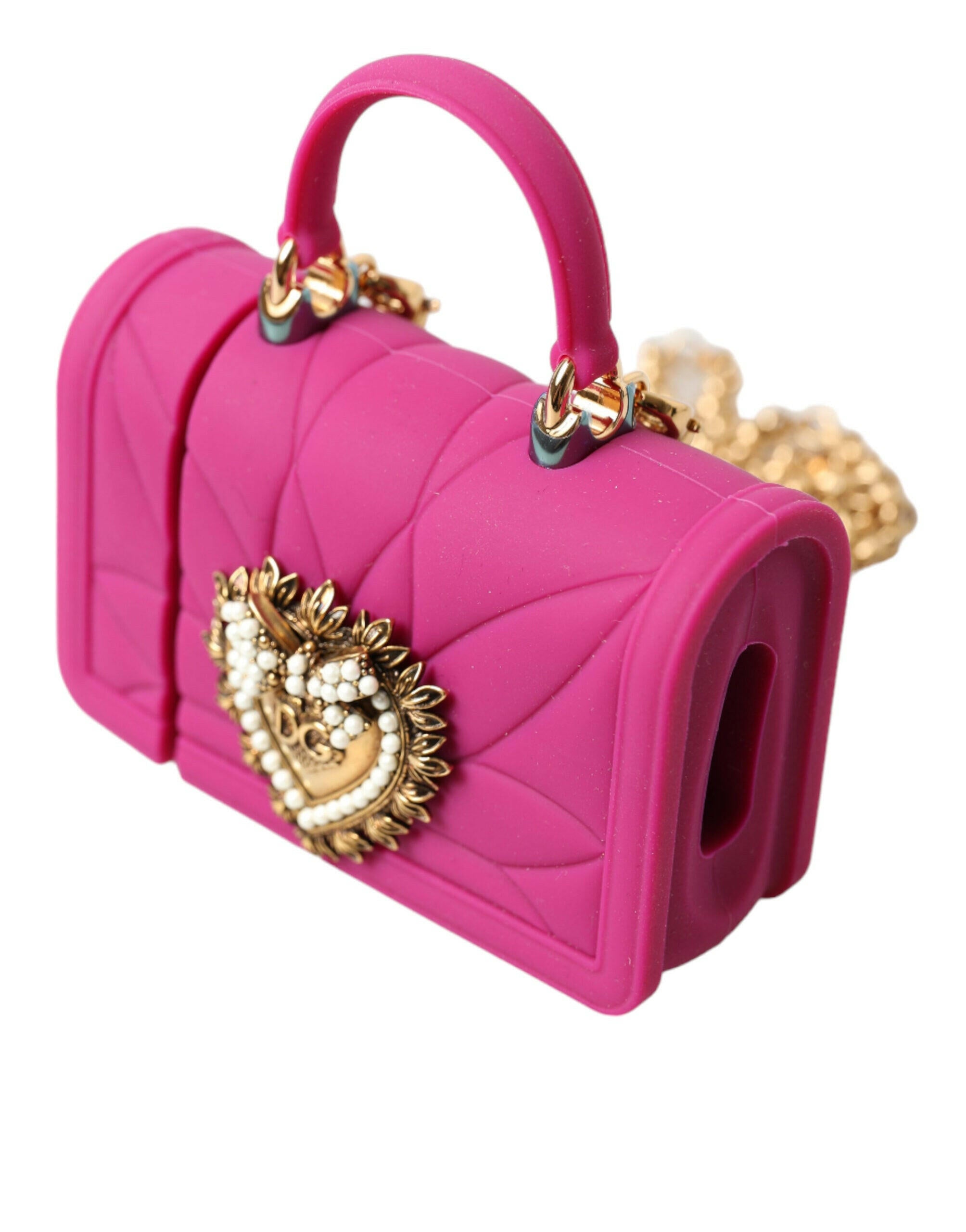 Dolce & Gabbana Pink Silicone Devotion Heart Bag Gold Chain Airpods Case.