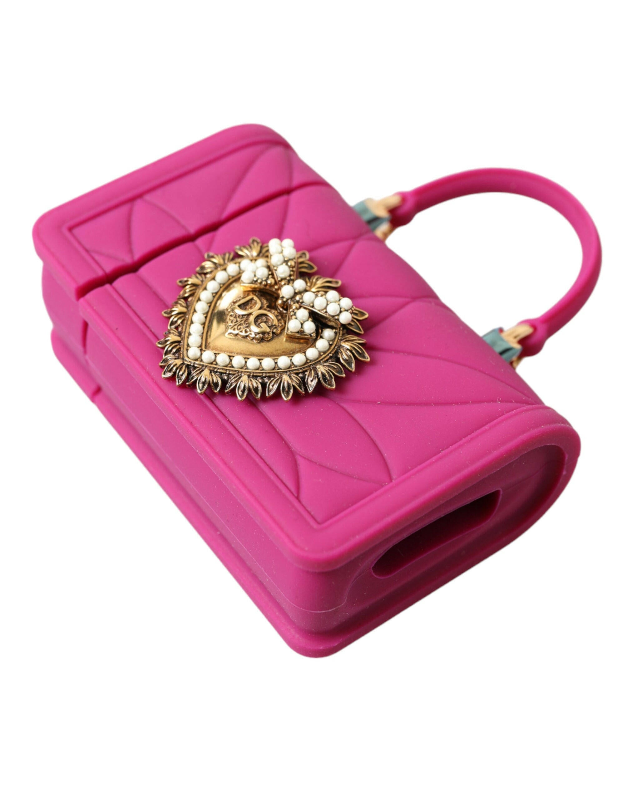 Dolce & Gabbana Pink Silicone Devotion Heart Bag Gold Chain Airpods Case.