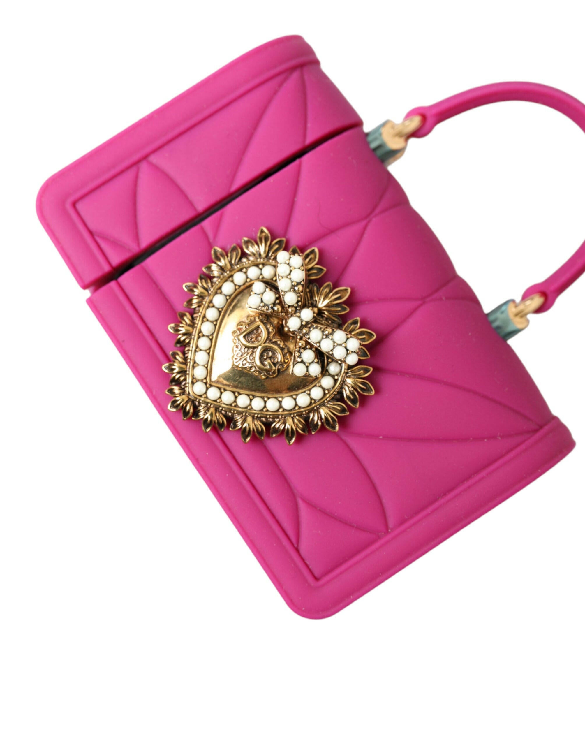 Dolce & Gabbana Pink Silicone Devotion Heart Bag Gold Chain Airpods Case.