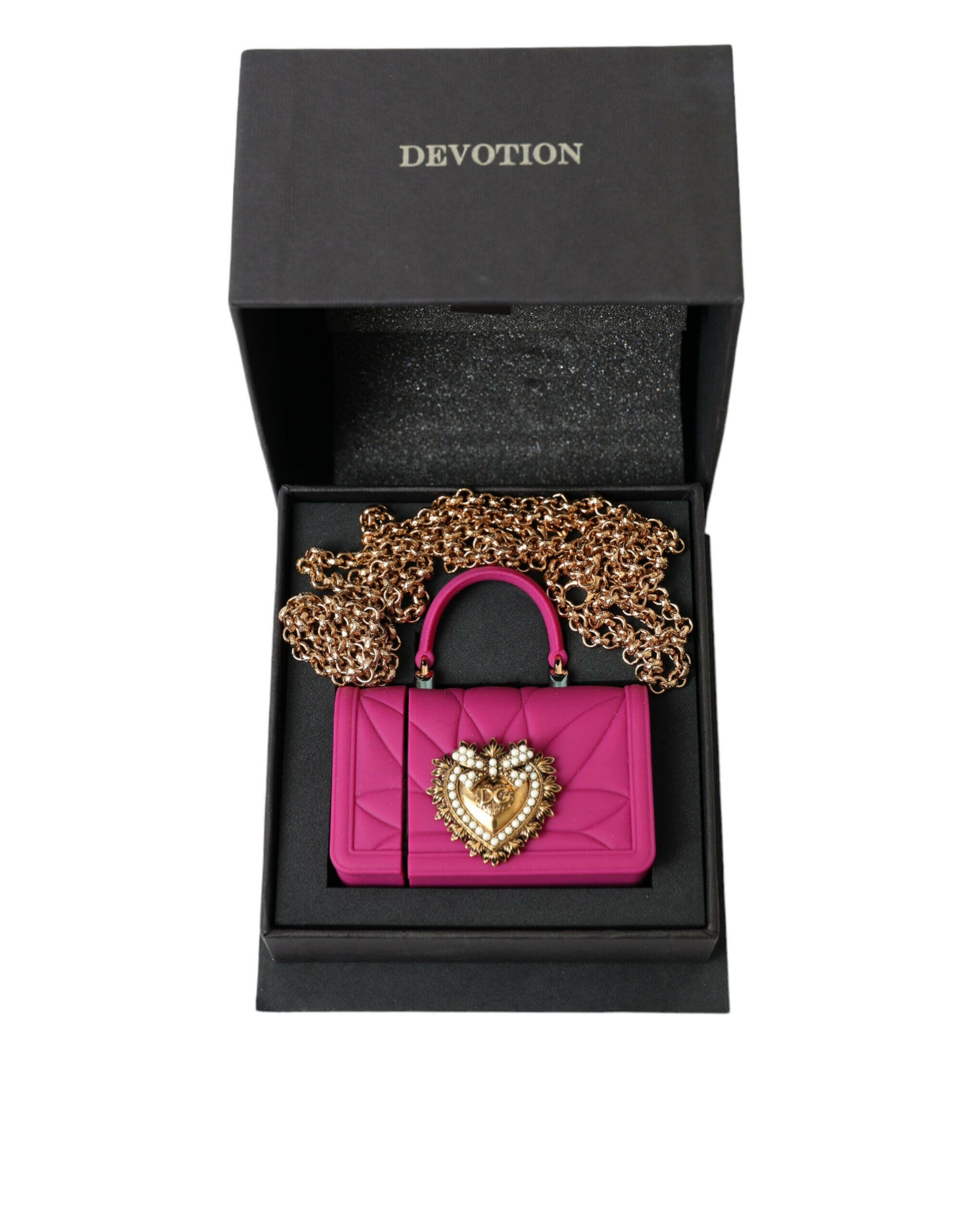 Dolce & Gabbana Pink Silicone Devotion Heart Bag Gold Chain Airpods Case.