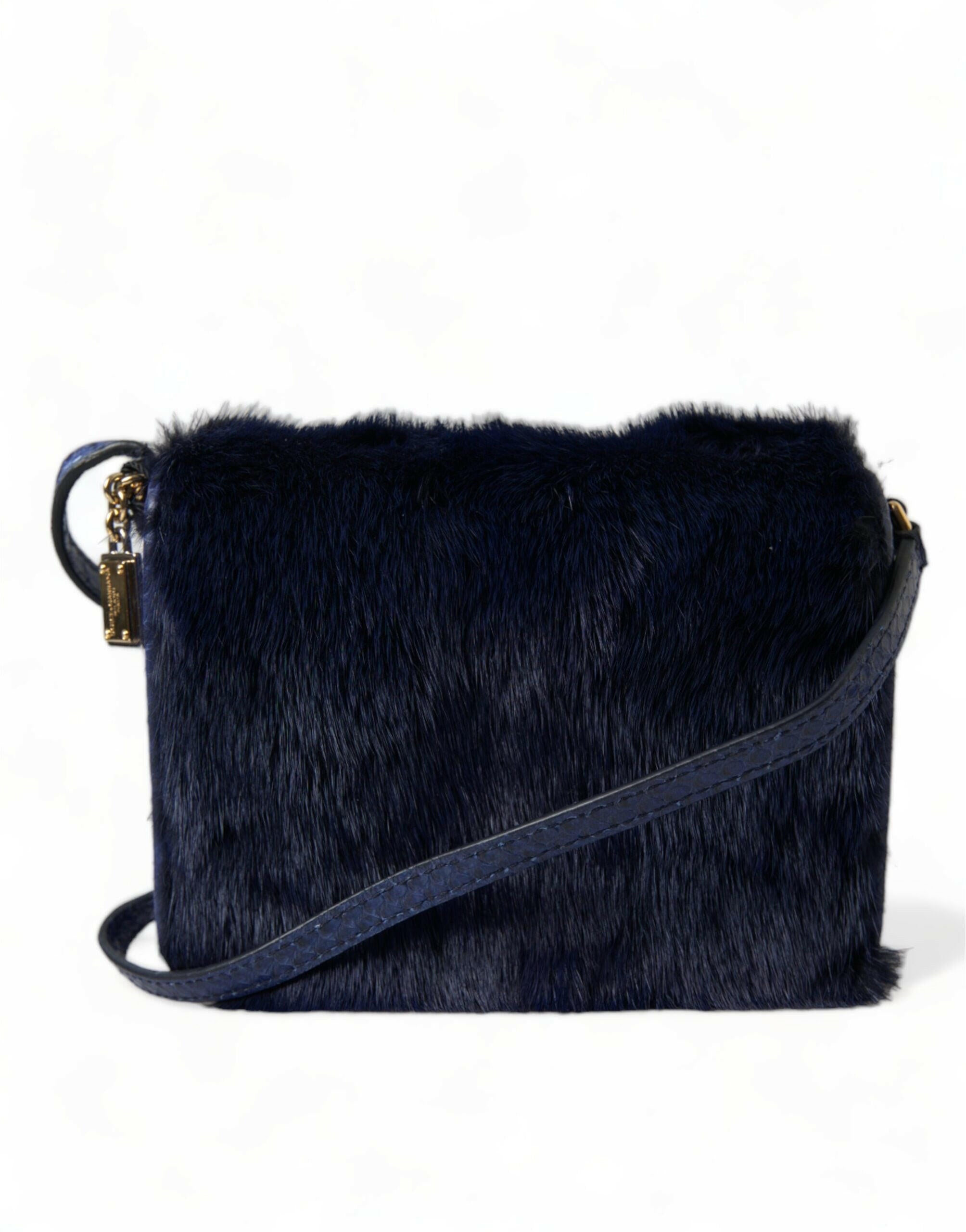 Dolce & Gabbana Dark Blue Fur Ayers Lily Twist Crossbody Shoulder Bag.