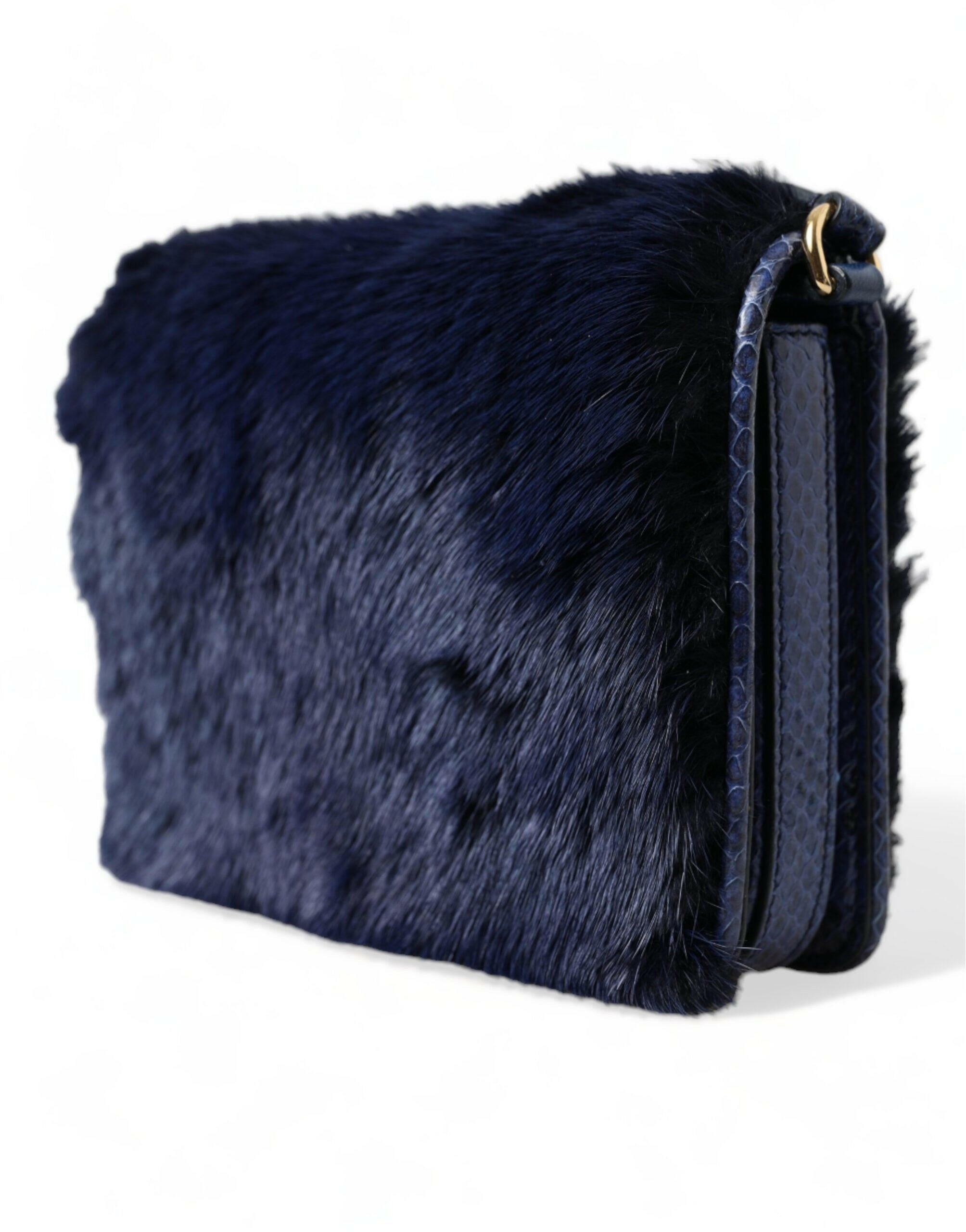 Dolce & Gabbana Dark Blue Fur Ayers Lily Twist Crossbody Shoulder Bag.