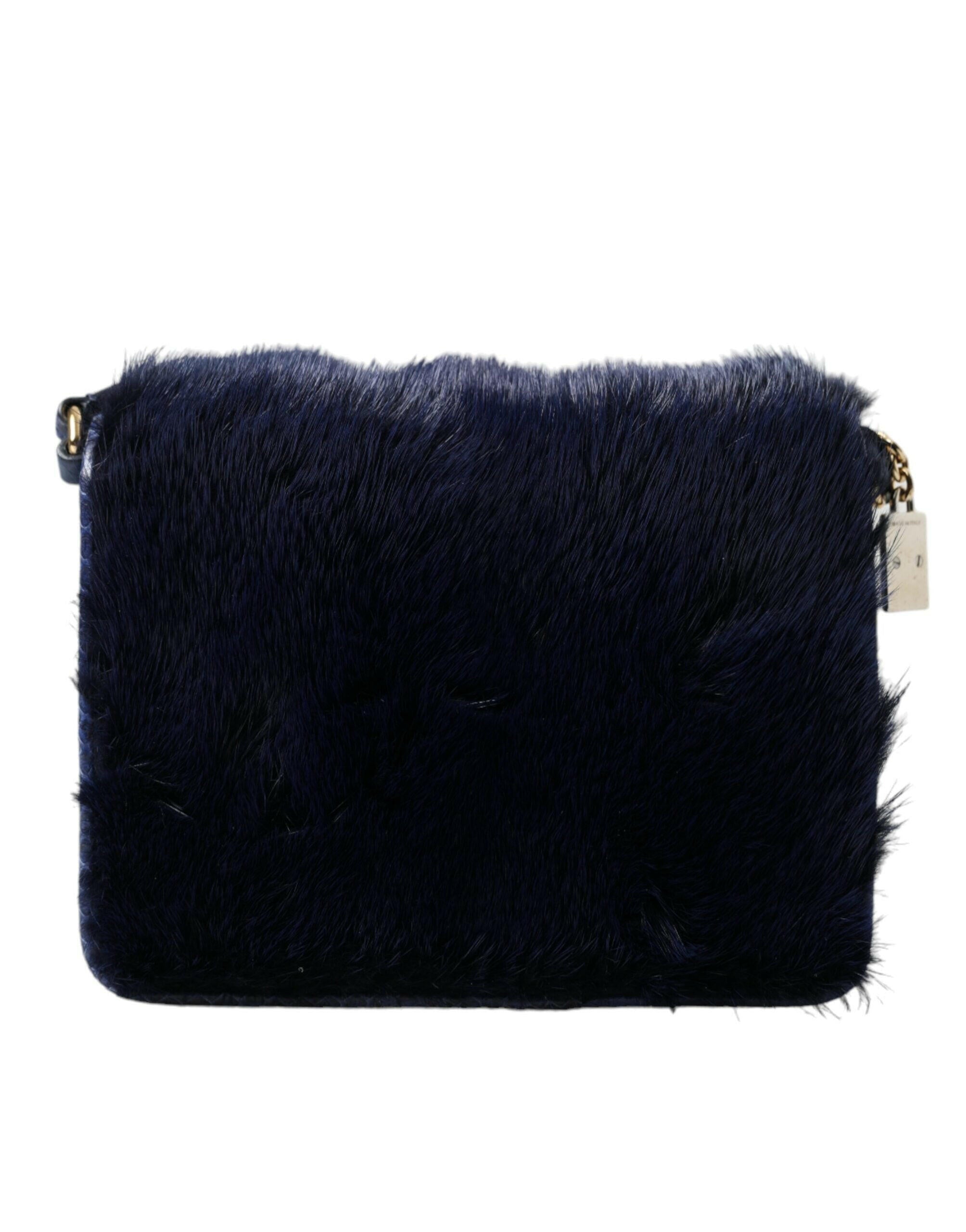 Dolce & Gabbana Dark Blue Fur Ayers Lily Twist Crossbody Shoulder Bag.