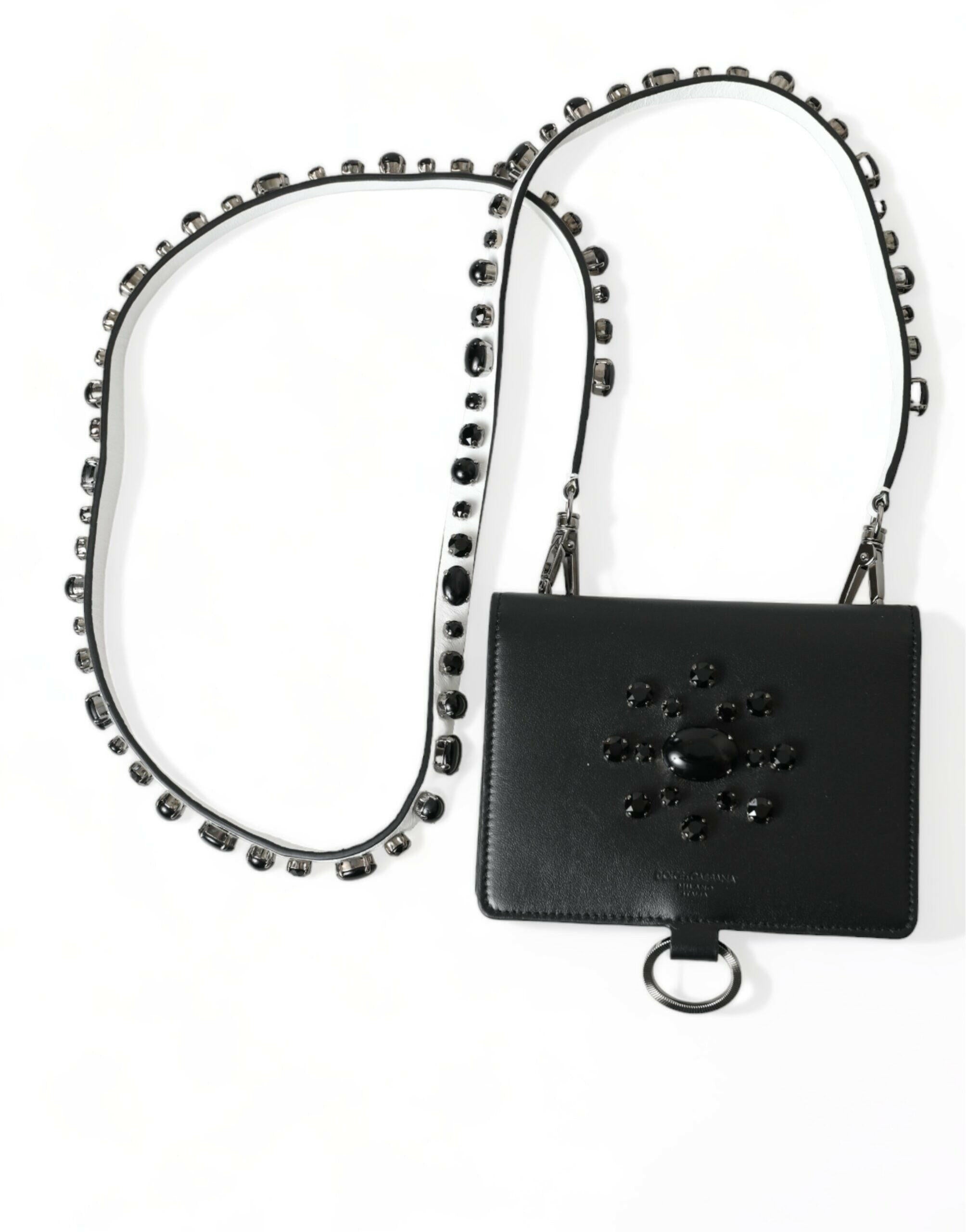 Dolce & Gabbana Black Leather Crystal Embellished Card Holder Wallet.