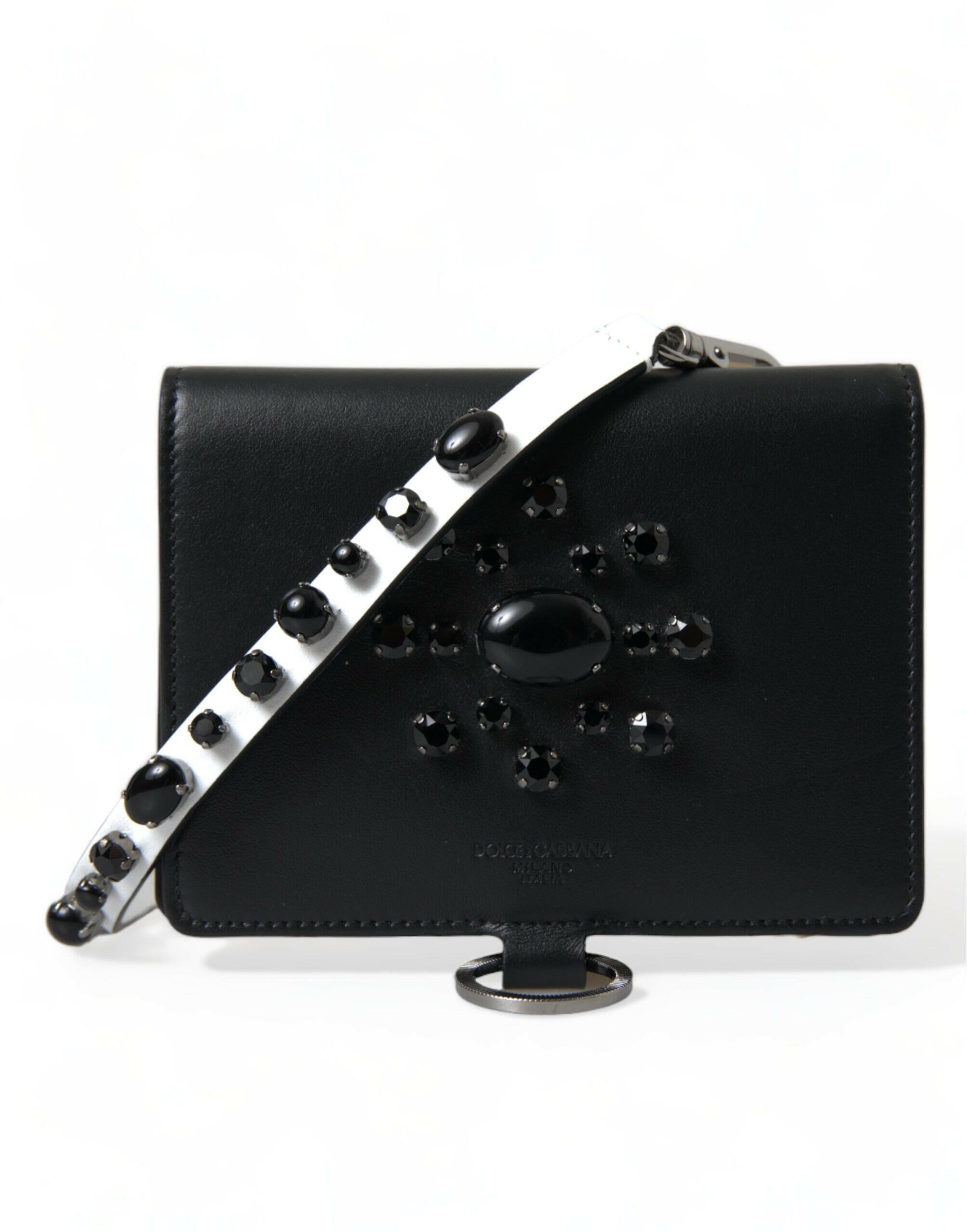 Dolce & Gabbana Black Leather Crystal Embellished Card Holder Wallet.