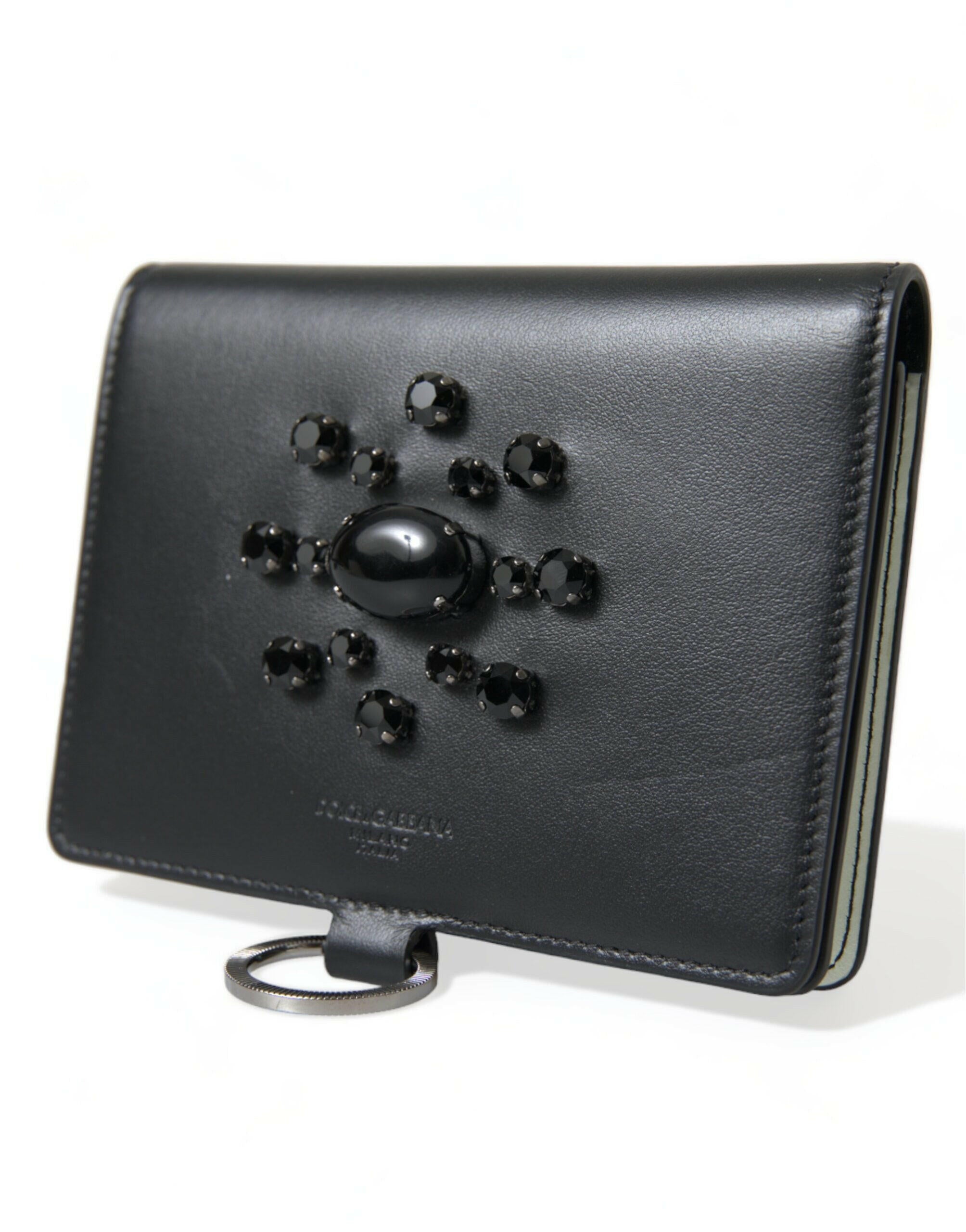Dolce & Gabbana Black Leather Crystal Embellished Card Holder Wallet.