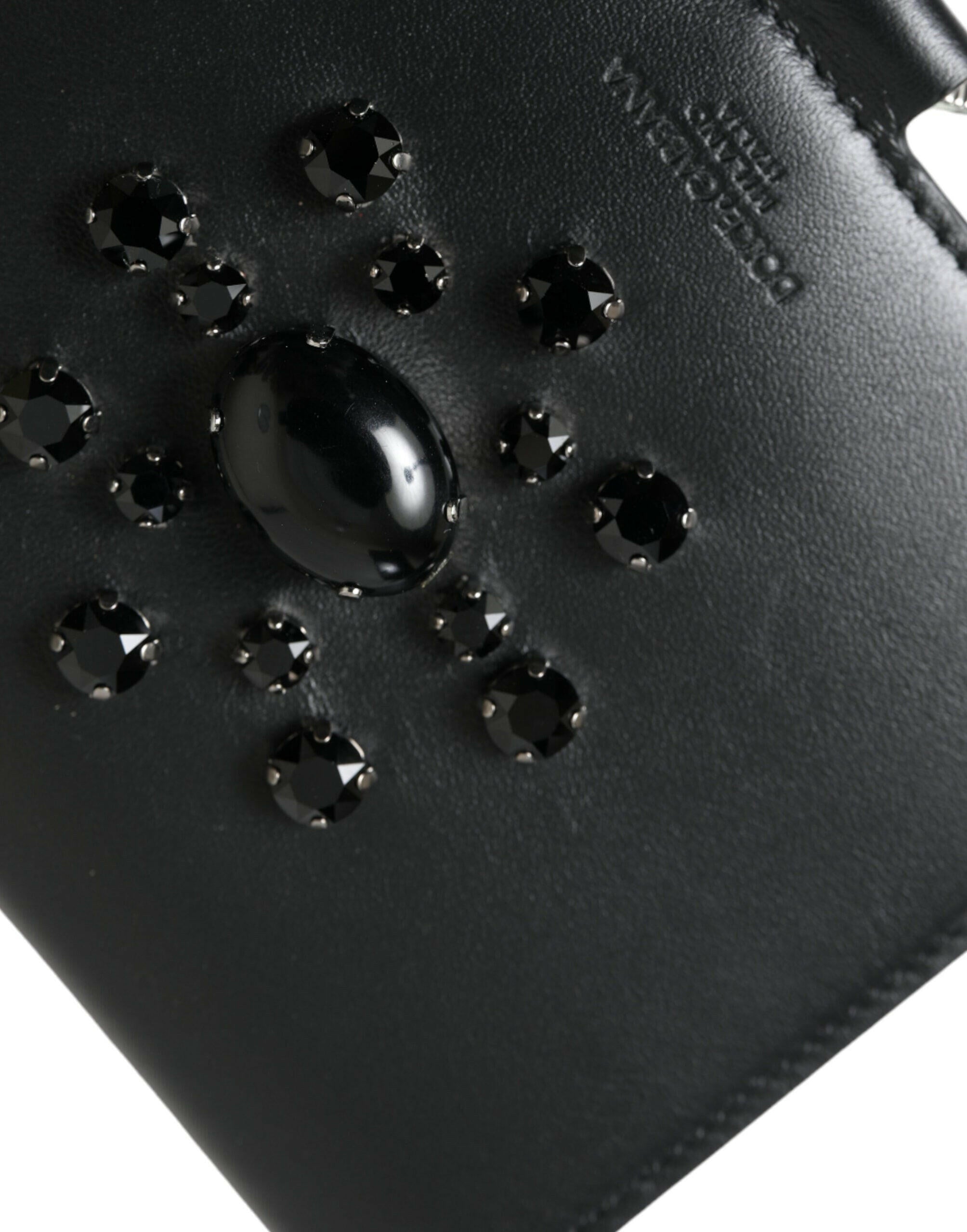 Dolce & Gabbana Black Leather Crystal Embellished Card Holder Wallet.