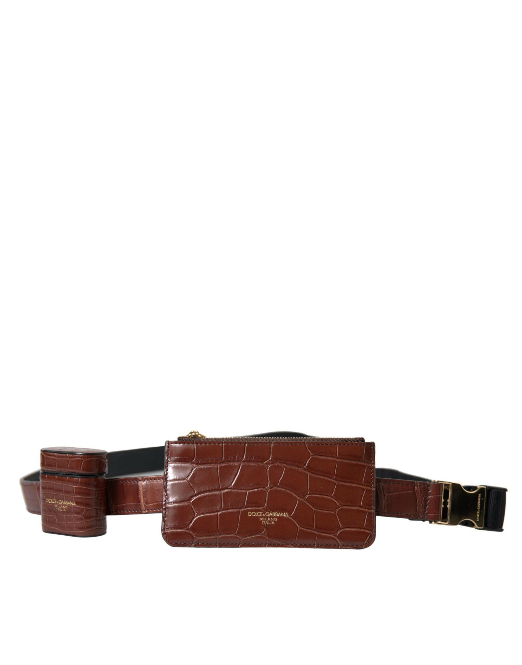 Dolce & Gabbana Brown Alligator Leather Airpods Case Coin Purse Wallet.