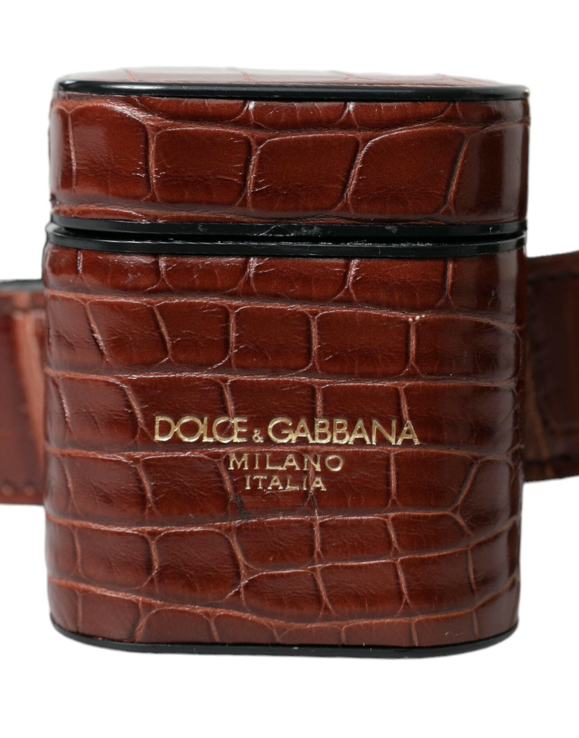 Dolce & Gabbana Brown Alligator Leather Airpods Case Coin Purse Wallet.