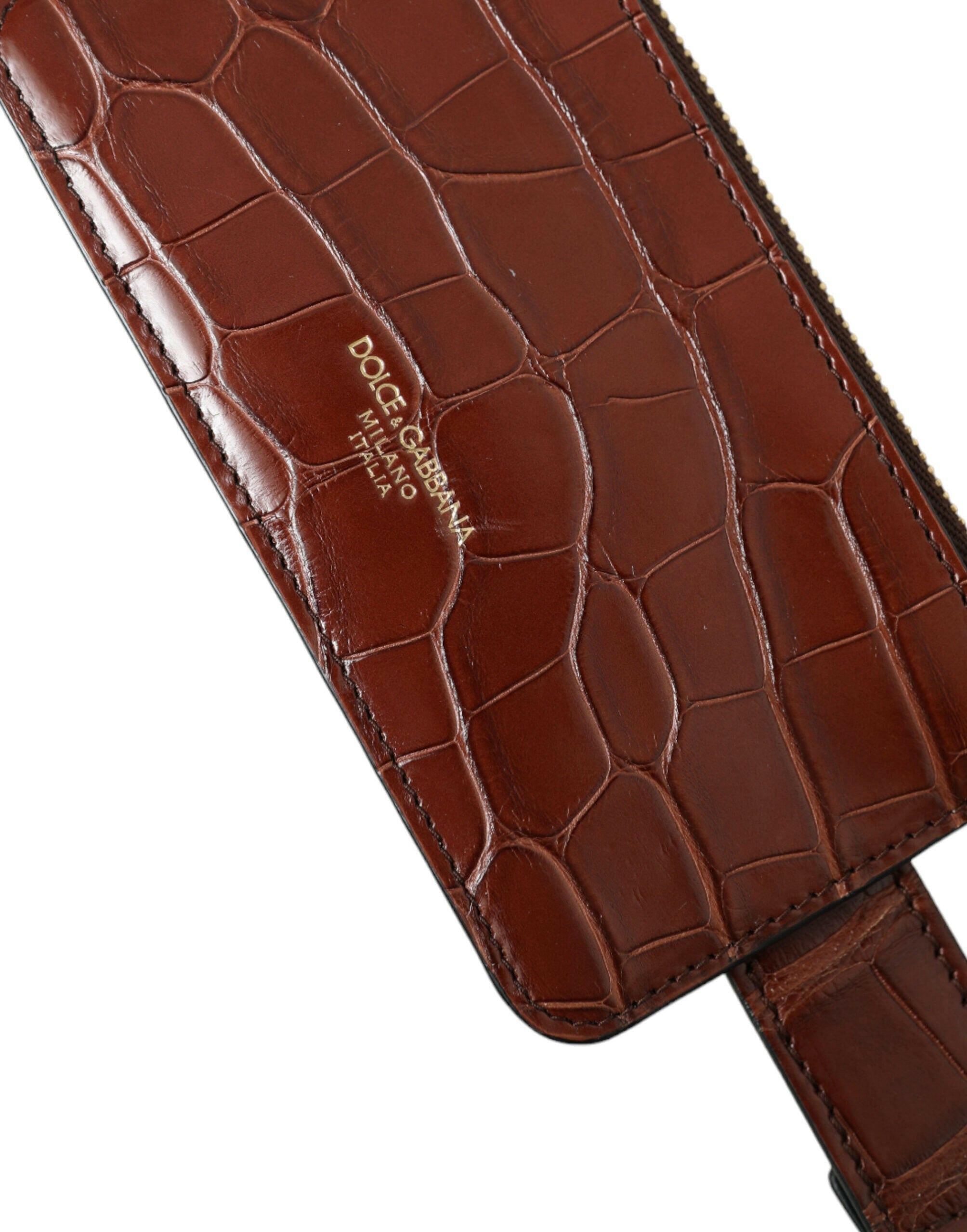 Dolce & Gabbana Brown Alligator Leather Airpods Case Coin Purse Wallet.