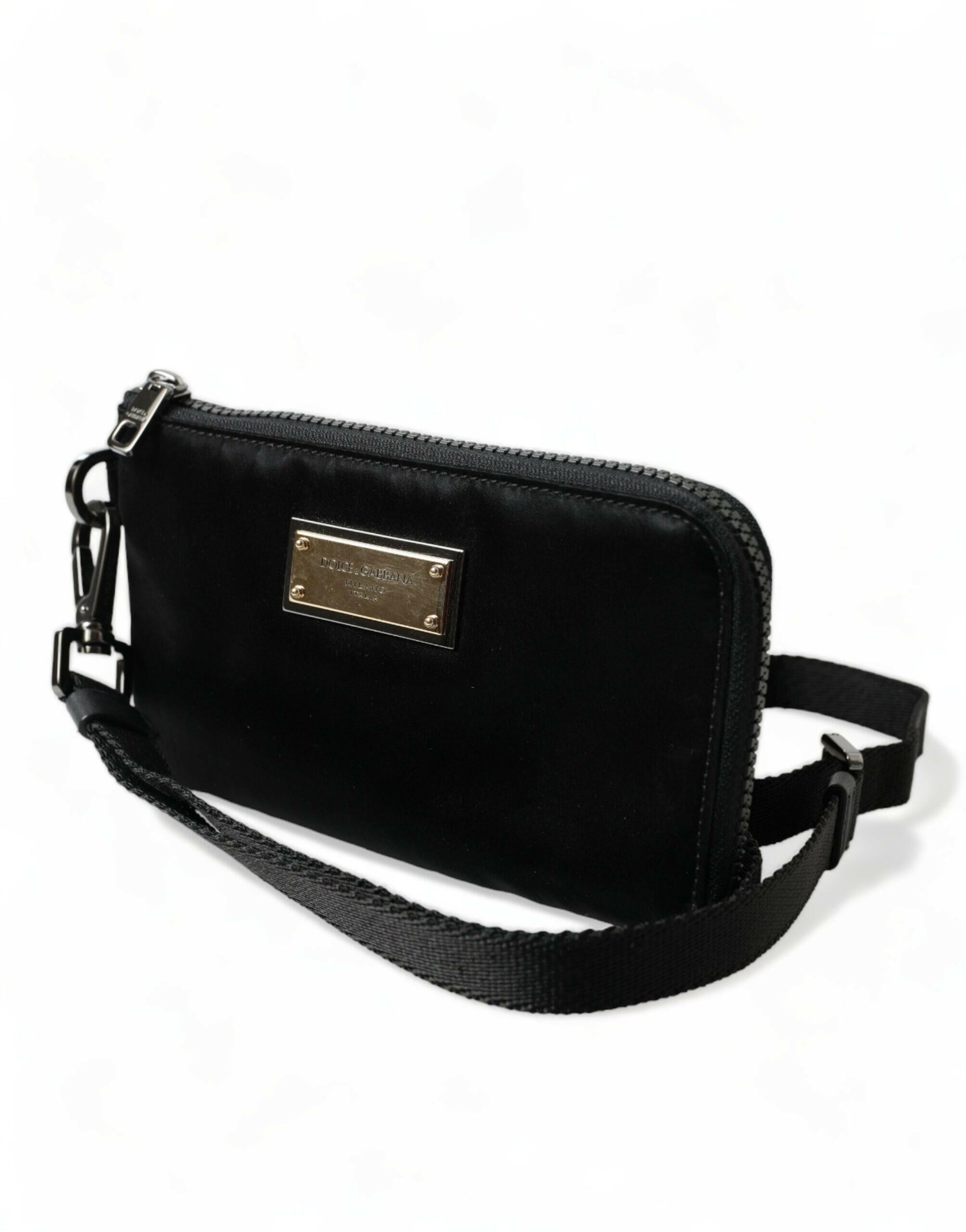 Dolce & Gabbana Black Nylon Logo Plaque Keyring Pouch Clutch Bag.