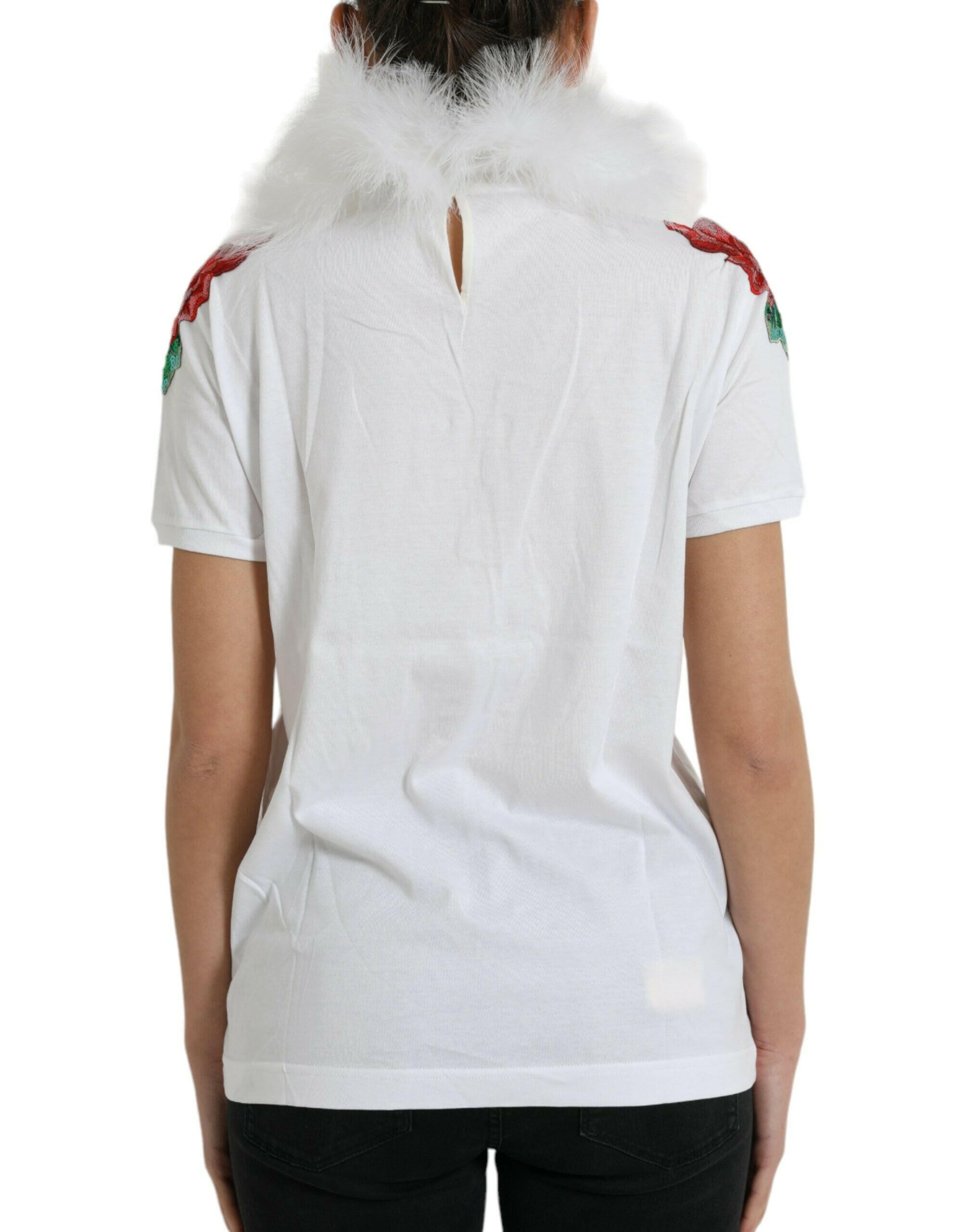 Dolce & Gabbana White Cotton Christmas Sequin Fur T-shirt.