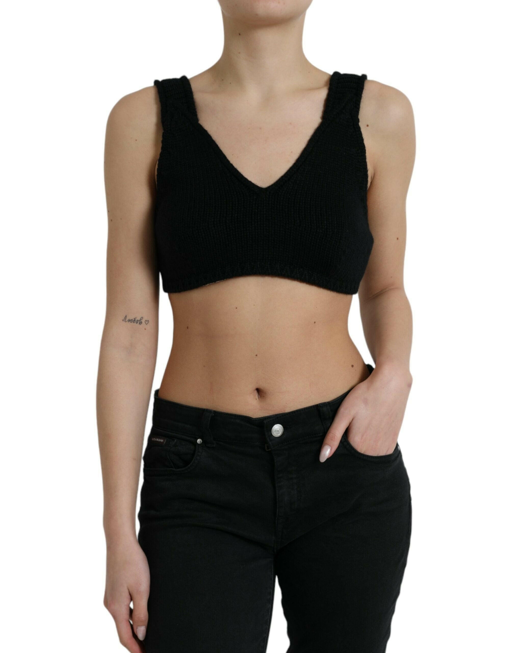 Dolce & Gabbana Black Cropped Cashmere V-neck Bustier Top.