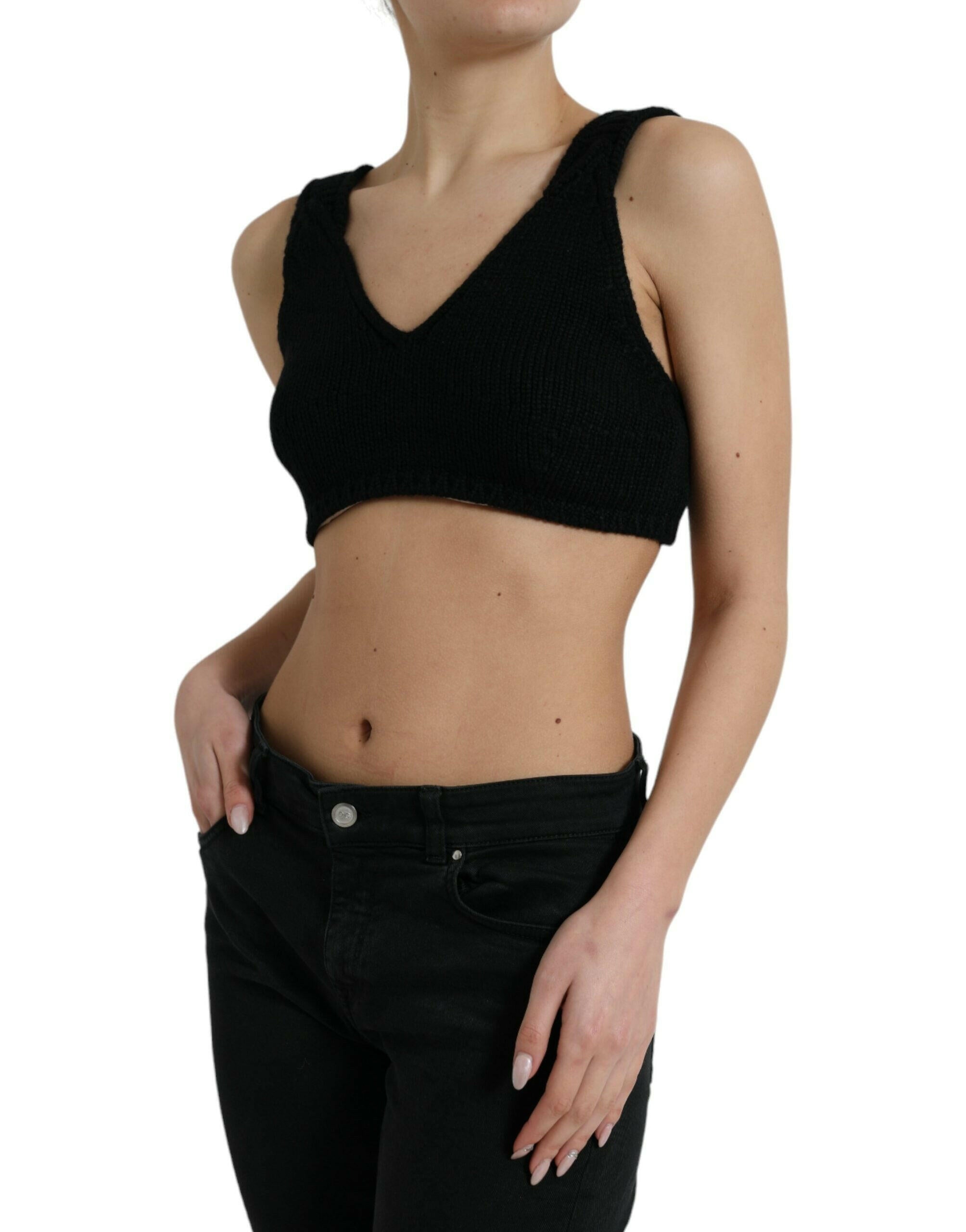 Dolce & Gabbana Black Cropped Cashmere V-neck Bustier Top.