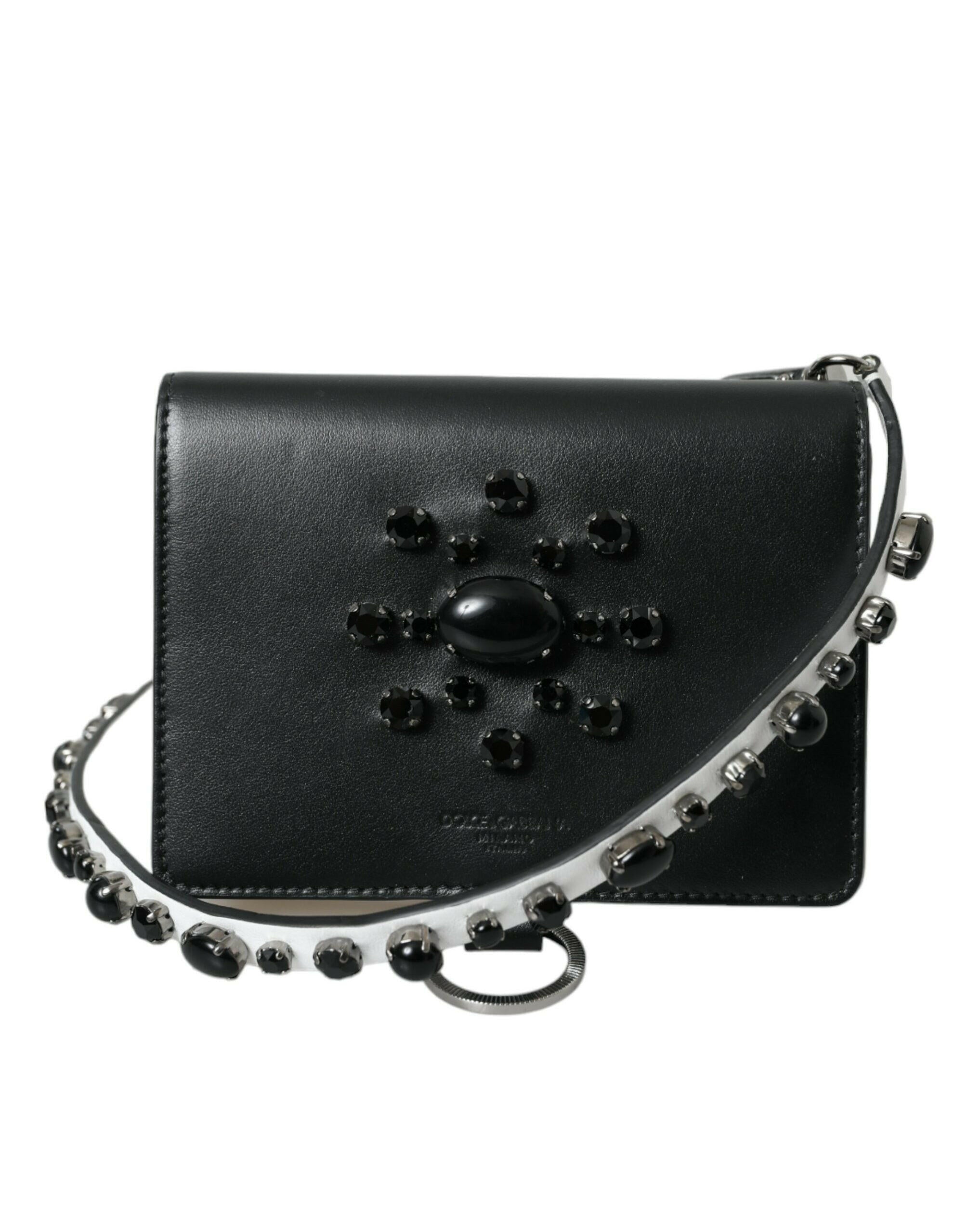 Dolce & Gabbana Black White Leather Crystal Embellished Cardholder Wallet.