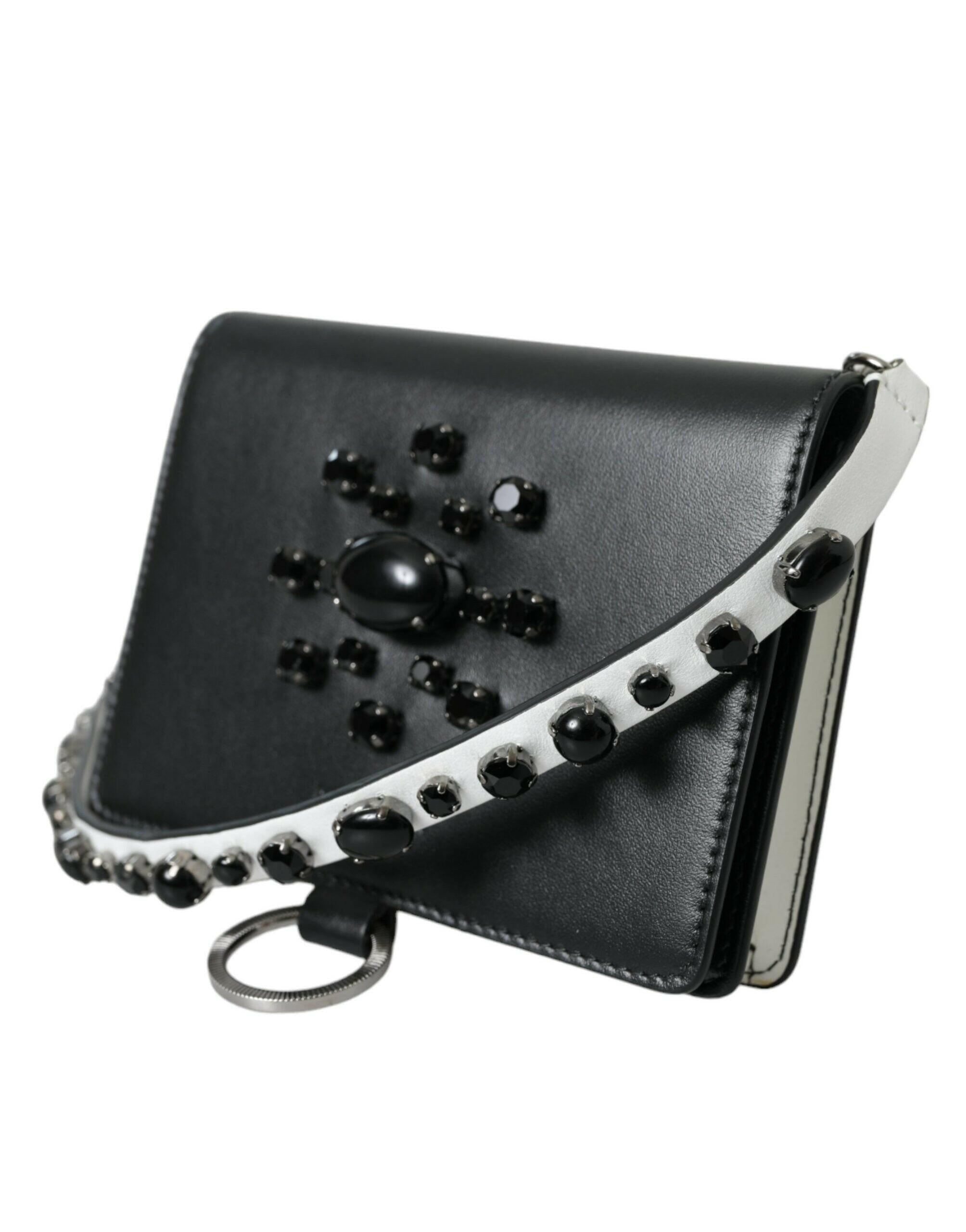 Dolce & Gabbana Black White Leather Crystal Embellished Cardholder Wallet.