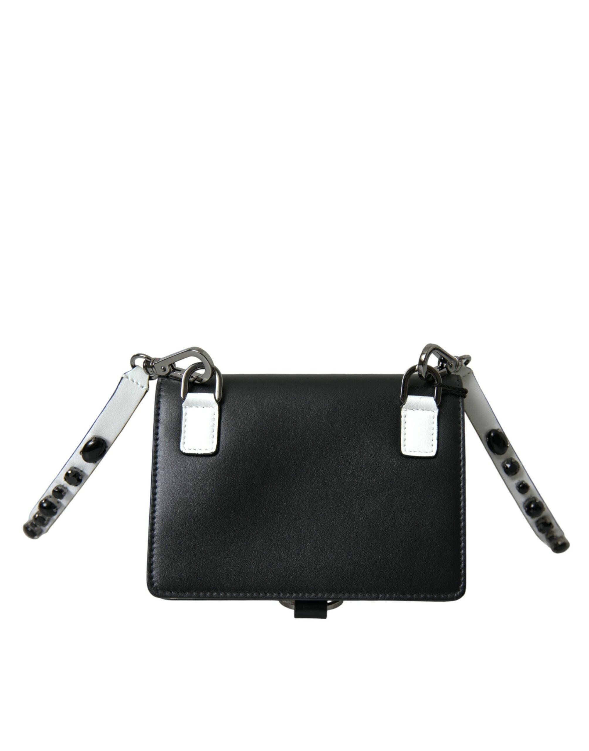 Dolce & Gabbana Black White Leather Crystal Embellished Cardholder Wallet.